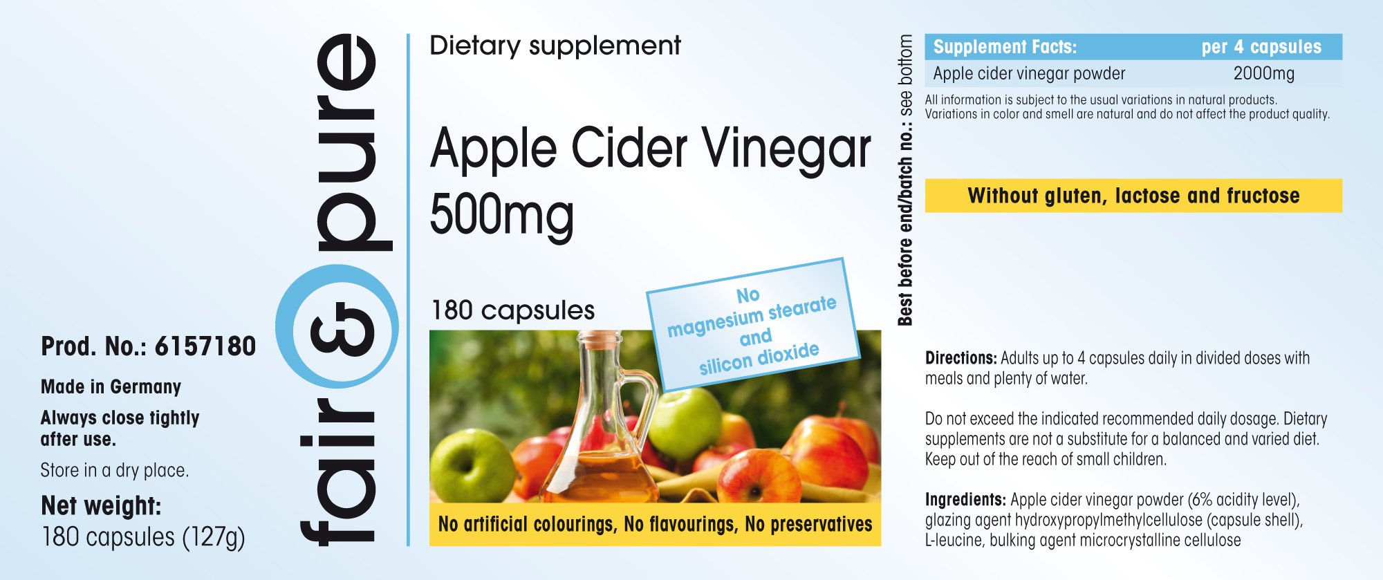 Fair & Pure® - Capsules de Vinaigre de Cidre 2000 mg par dose journalière - Vegan - Haut dosage - 180 capsules