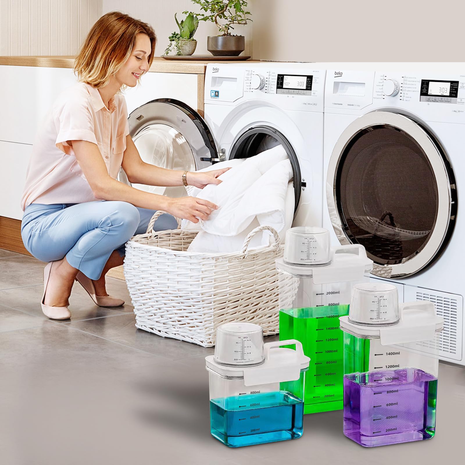 Distributeur Lessive Liquide, Acrylique, Multi-Usage,Étanches À L'humidité, HerméTique De Avec Tasse à Mesurer Distributeur De Lessive En Poudre pour la Buanderie (2300ml*2)