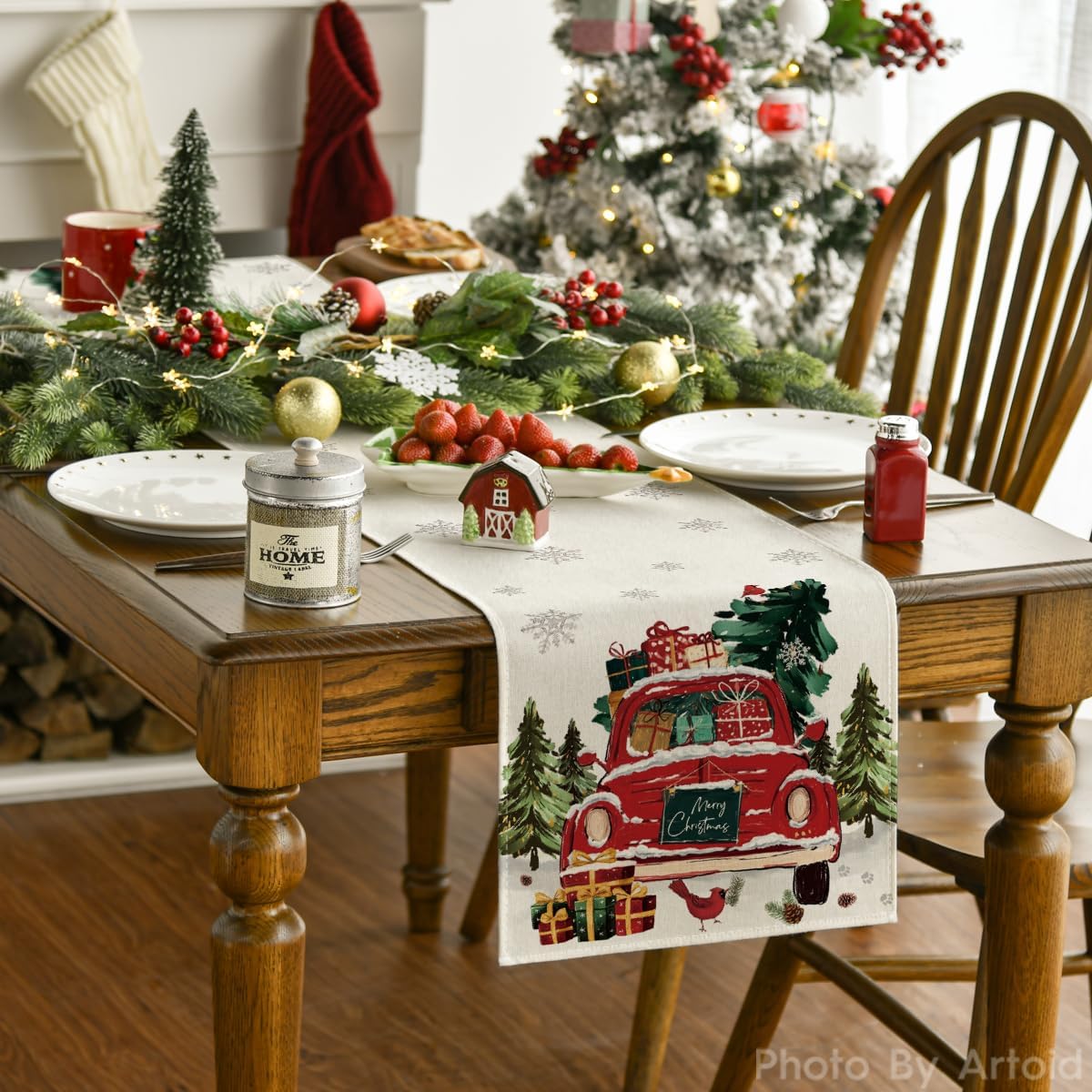 Artoid Mode Truck Tree Gifts 210 GSM Christmas Table Runner, Seasonal Winter Kitchen Dining Table Decoration for Home Party Decor 13x108 Inch 13" x 108", Table Runner Beige