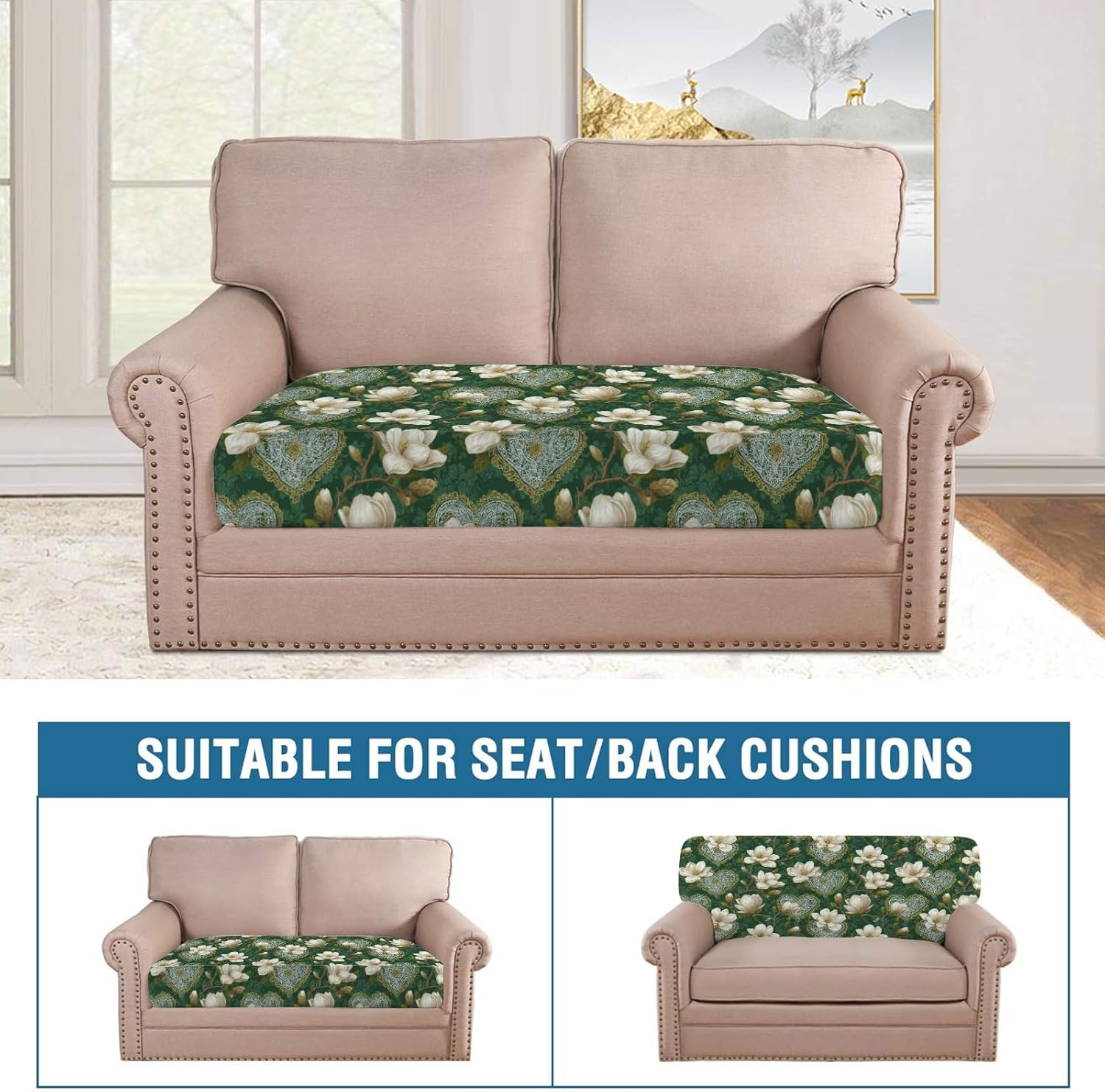 Magnolia and Heart Green Loveseat Covers Couch Covers for 2 Cushion Couch, 2-Piece Stretch Sofa Slipcovers Anti-Slip Washable Furniture Protectors for Dogs Pets
