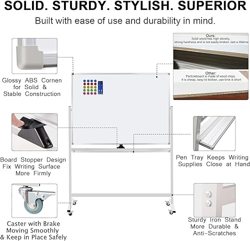 Miniatura 7 de Pizarra blanca móvil de doble cara con imán de borrado en seco sobre ruedas, marco de aluminio, soporte magnético portátil, pizarra blanca rodante