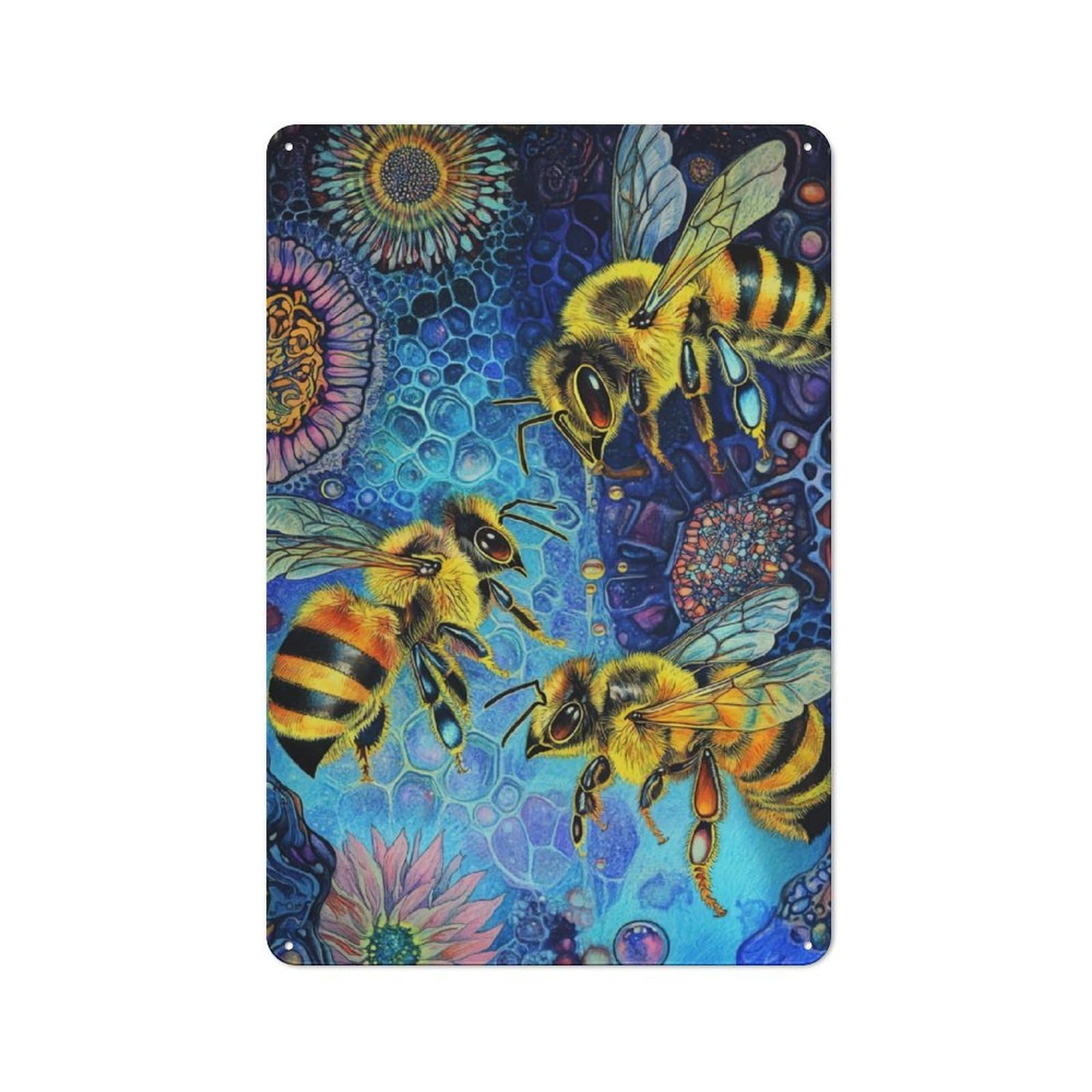 Junmoney Bees In A Cosmic Garden Retro Metal Plaque 30X20cm Featuring For Garage Wall, A Winter Wall Decor Update For Workshop Decor Fans