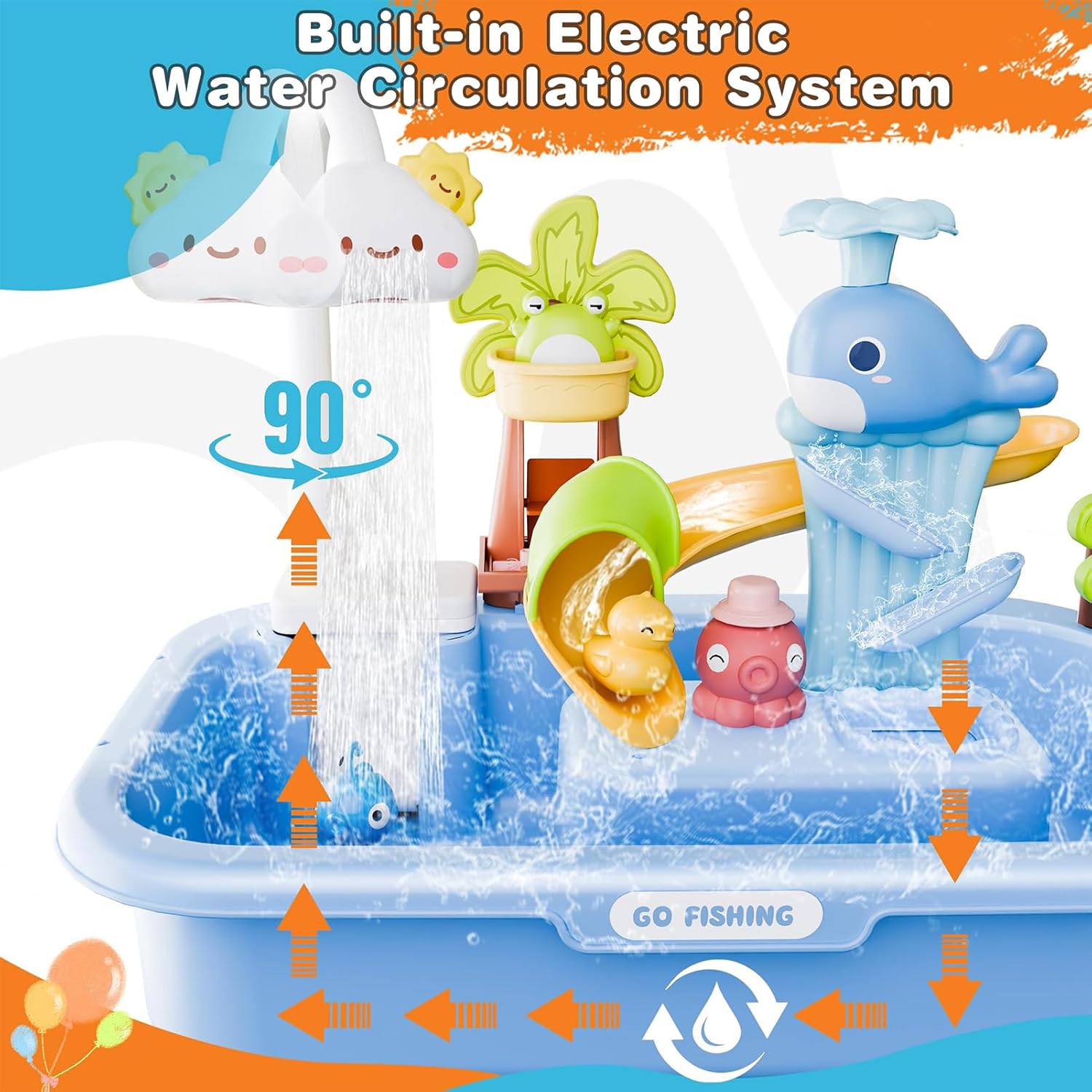 Water Feature Table for Children, Rain Shower Splash Pond for Toddlers, Water Table for Playing in the Kitchen, 4 and 1 Play Sinks with Pump, Flowing Water for 4-8 Summer Beach Pool