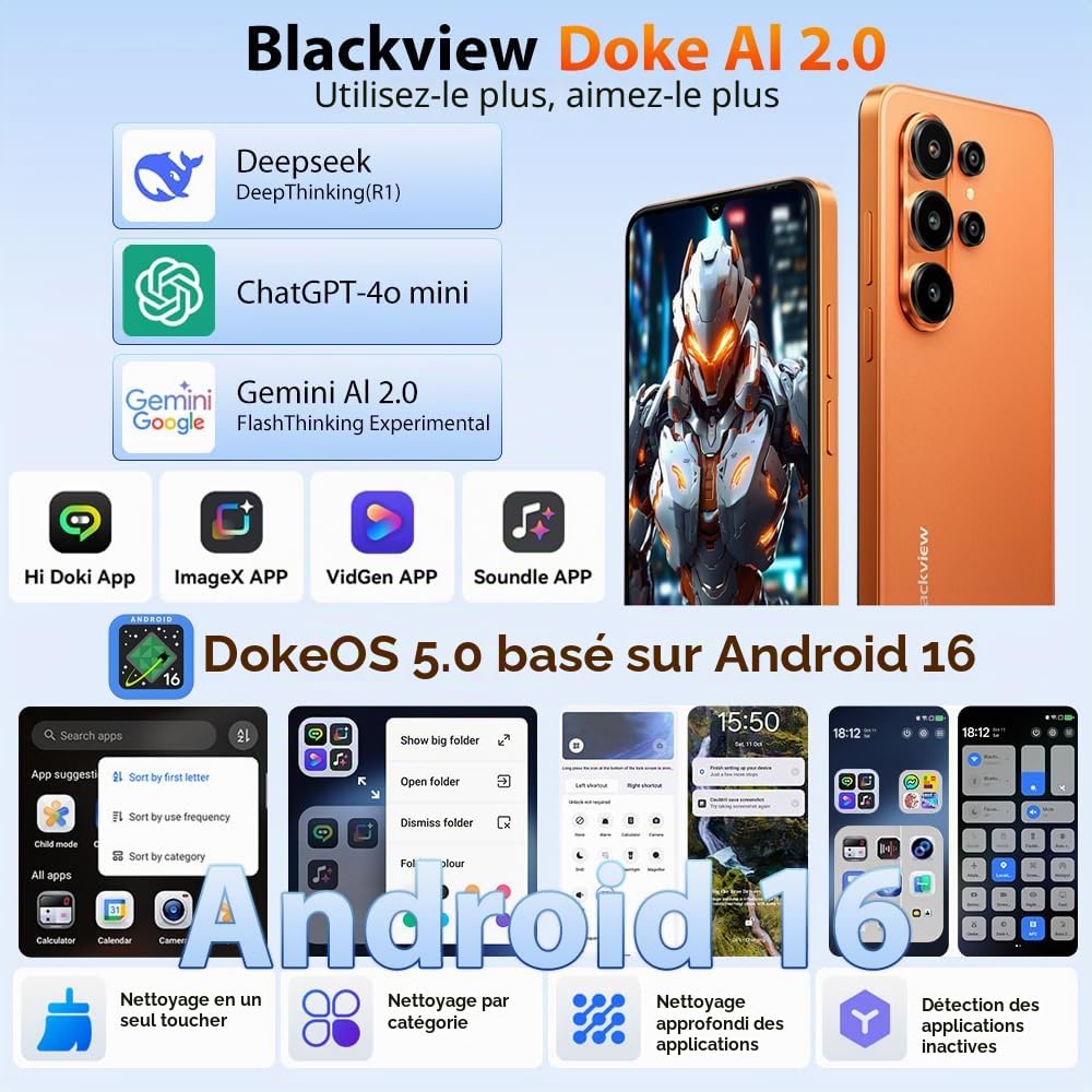 Blackview Wave 10 Smartphone Pas Cher, 32 Go+128 Go/2 to Android 16 Telephone Portable Écran 6.88" HD+120Hz, 32MP+13MP, 5000mAh, Octa Core, 4G Double SIM Débloqué,WiFi 5/OTG/FM/Empreinte,Orange