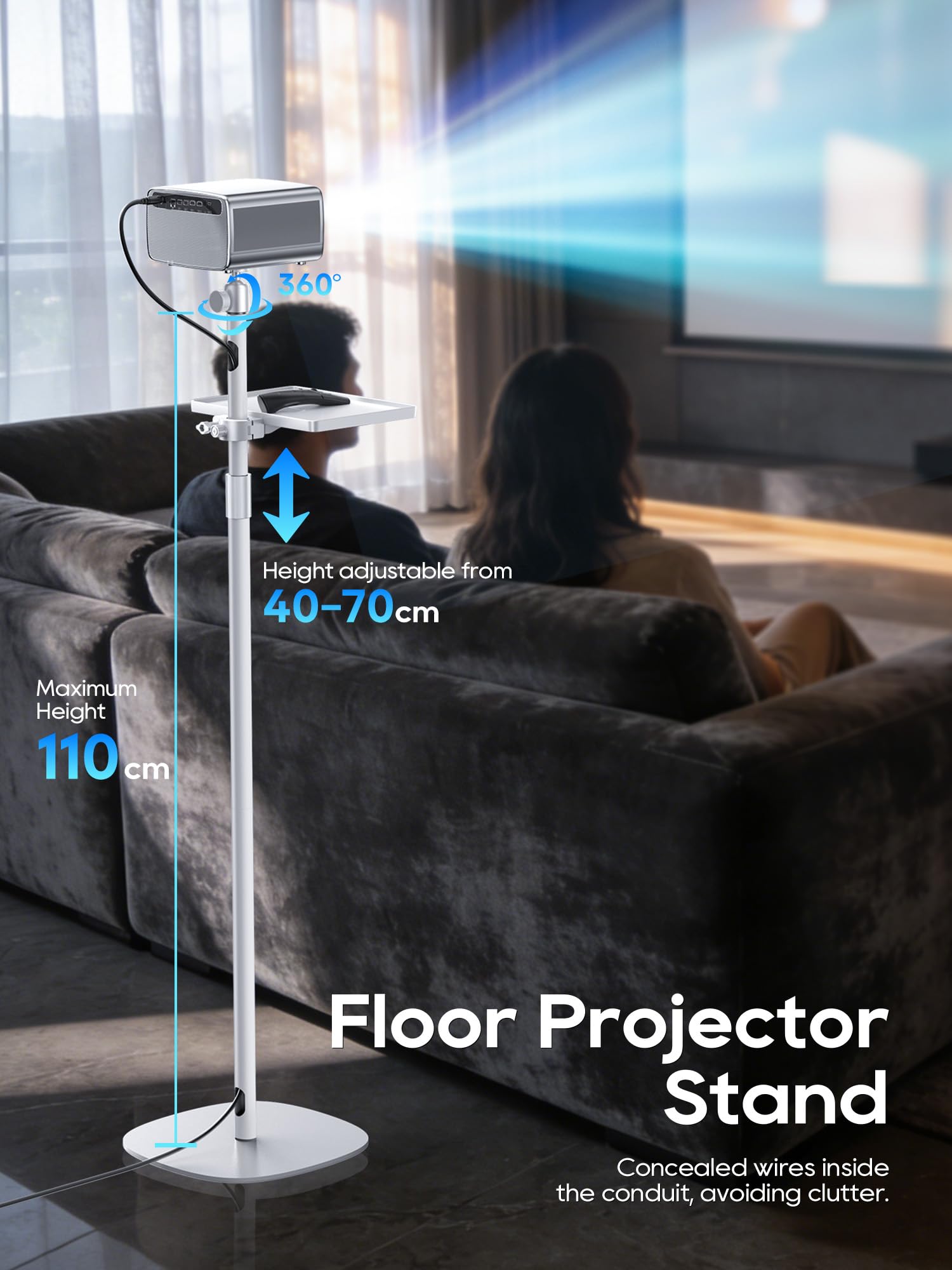 Support de projecteur au sol, hauteur réglable de 40 à 120 cm, tête pivotante à 360°, support métallique avec vis 1/4", compatible avec projecteurs, appareils photo (Blanc)