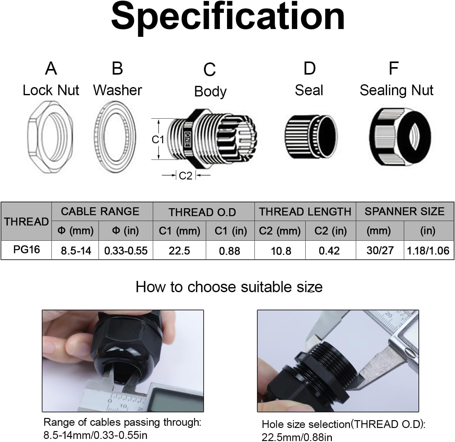LeMotech 5 Pack PG16 Cable Glands Waterproof Adjustable Cable Range 8.5-14mm Cord Connectors Nylon Joints with Gaskets, Black