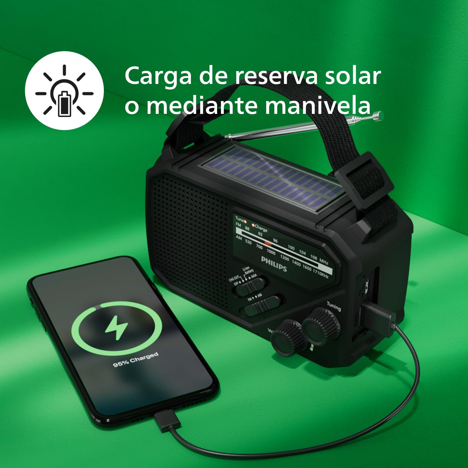 Philips TAR1659 Radio portátil FM/AM con batería recargable integrada, batería AAA y energía de emergencia de manivela, energía solar, luz LED integrada y linterna para camping, senderismo y cortes de
