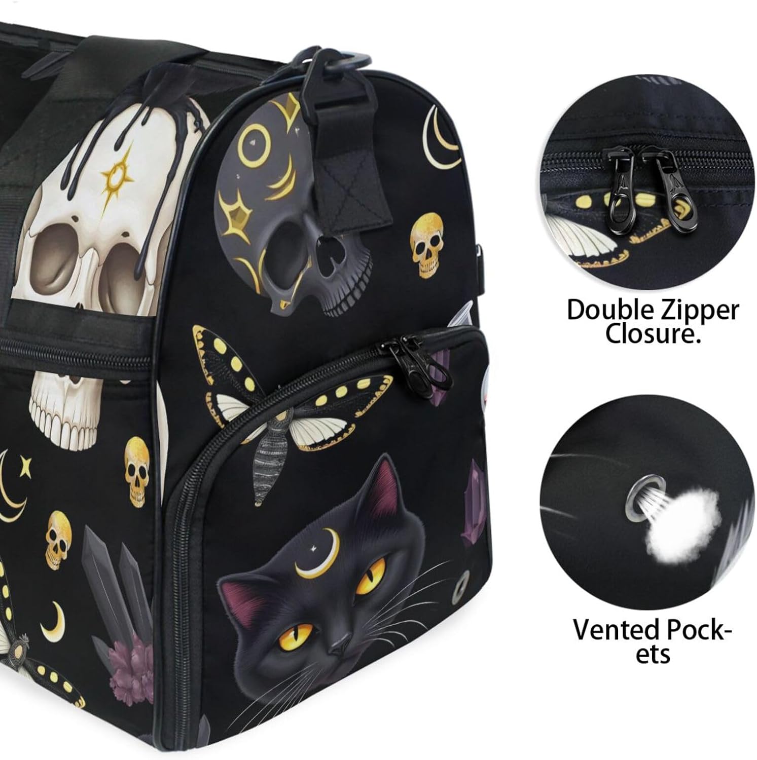 Travel Duffel Bags Black Cat Skull Moth Sports Duffel Bag Gym Bag Travel Luggage Overnight Bags for Men Women Duffel Bags with Adjustable Strap for Traveling