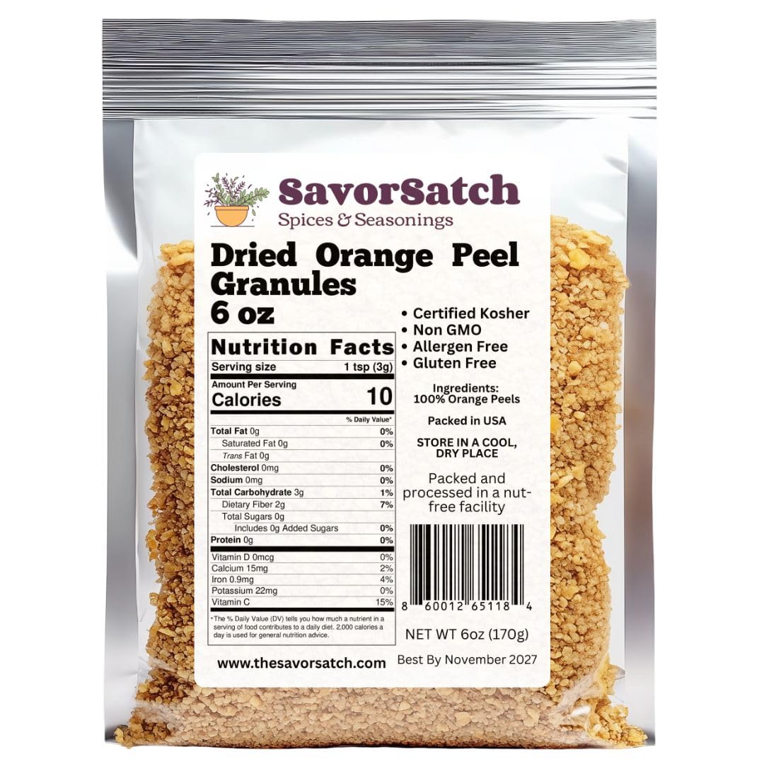 SavorSatch Dried Orange Peel Granules - 6 oz Stand-Up Resealable Pouch | Certified Kosher, Non-GMO | Product of Spain | Fresh and Zesty Citrus Flavor