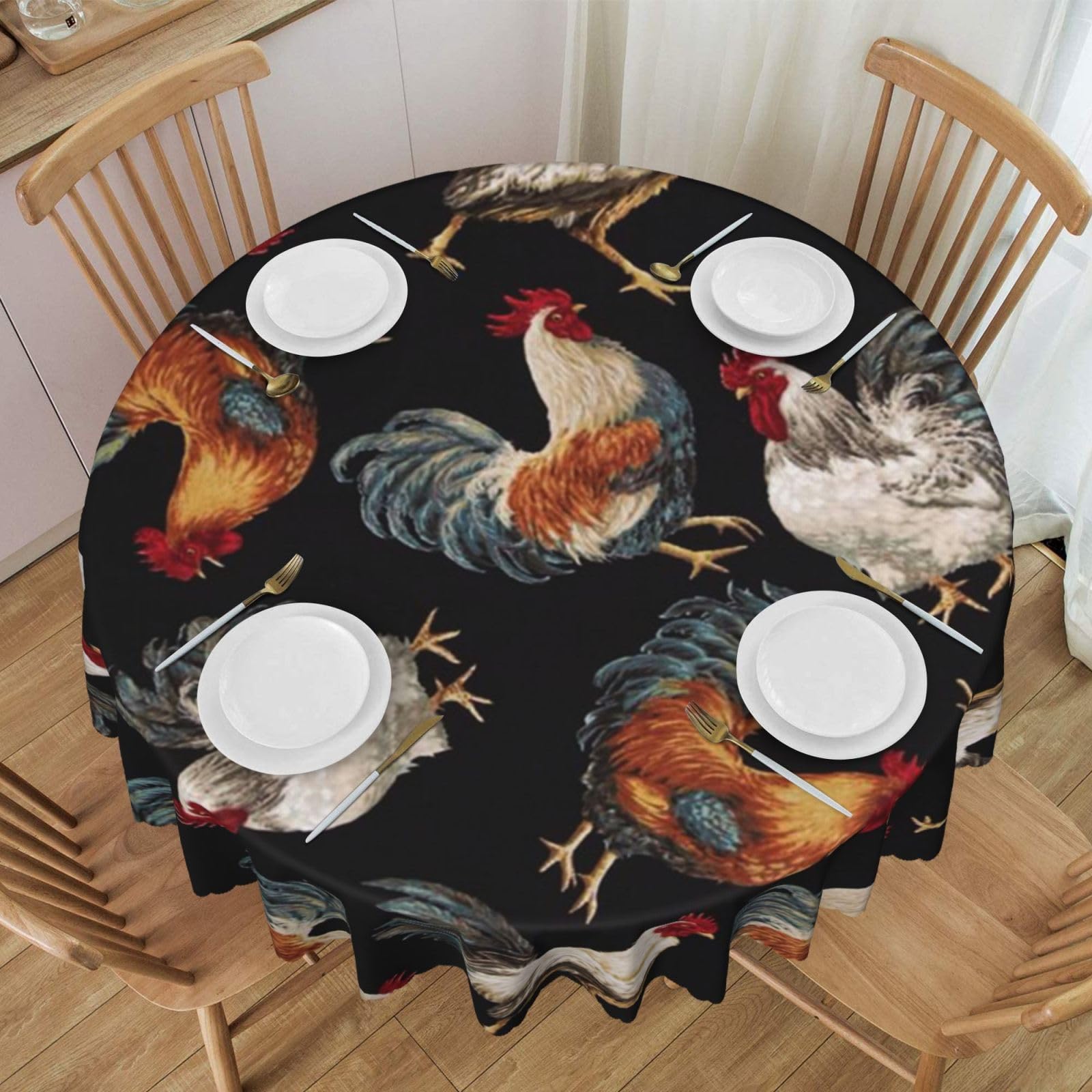 DCEHGEW 60 In Round Tablecloth with Lace, French Roosters Printed Oilproof & Washable Fabric Picnic Table Cloth Table Covers