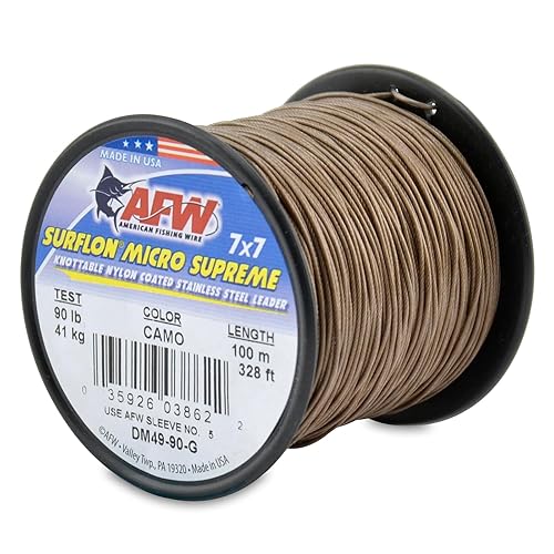 American Fishing Wire Surflon Micro Supreme Nylon Coated 7x7 Stainless Steel Leader Wire - Knottable Wire Leaders for Fishing Saltwater, Fly Fishing, 13lb Test - 90lb Test, Bright, Black & Camo Colors