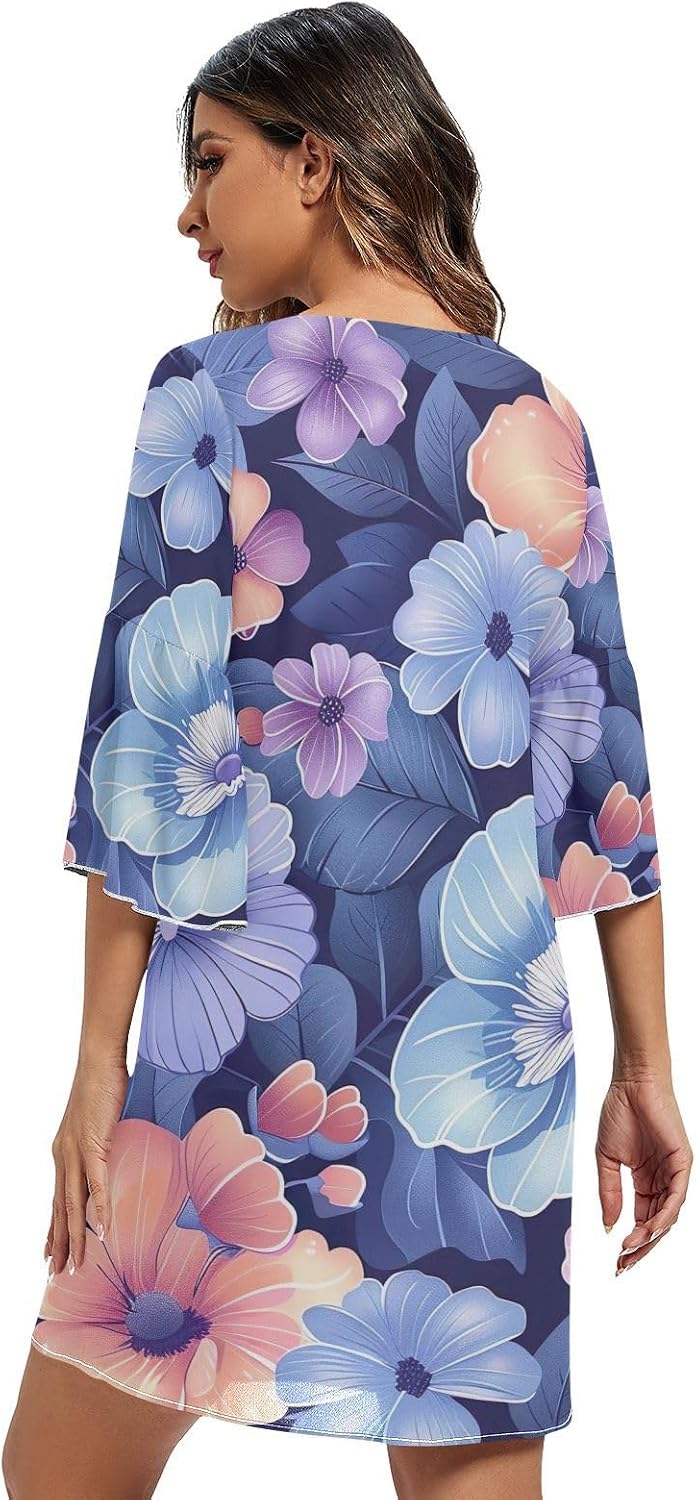 Cute Flowers Blue Casual V Neck Dress Printed Line Maternity Dress S-XXL