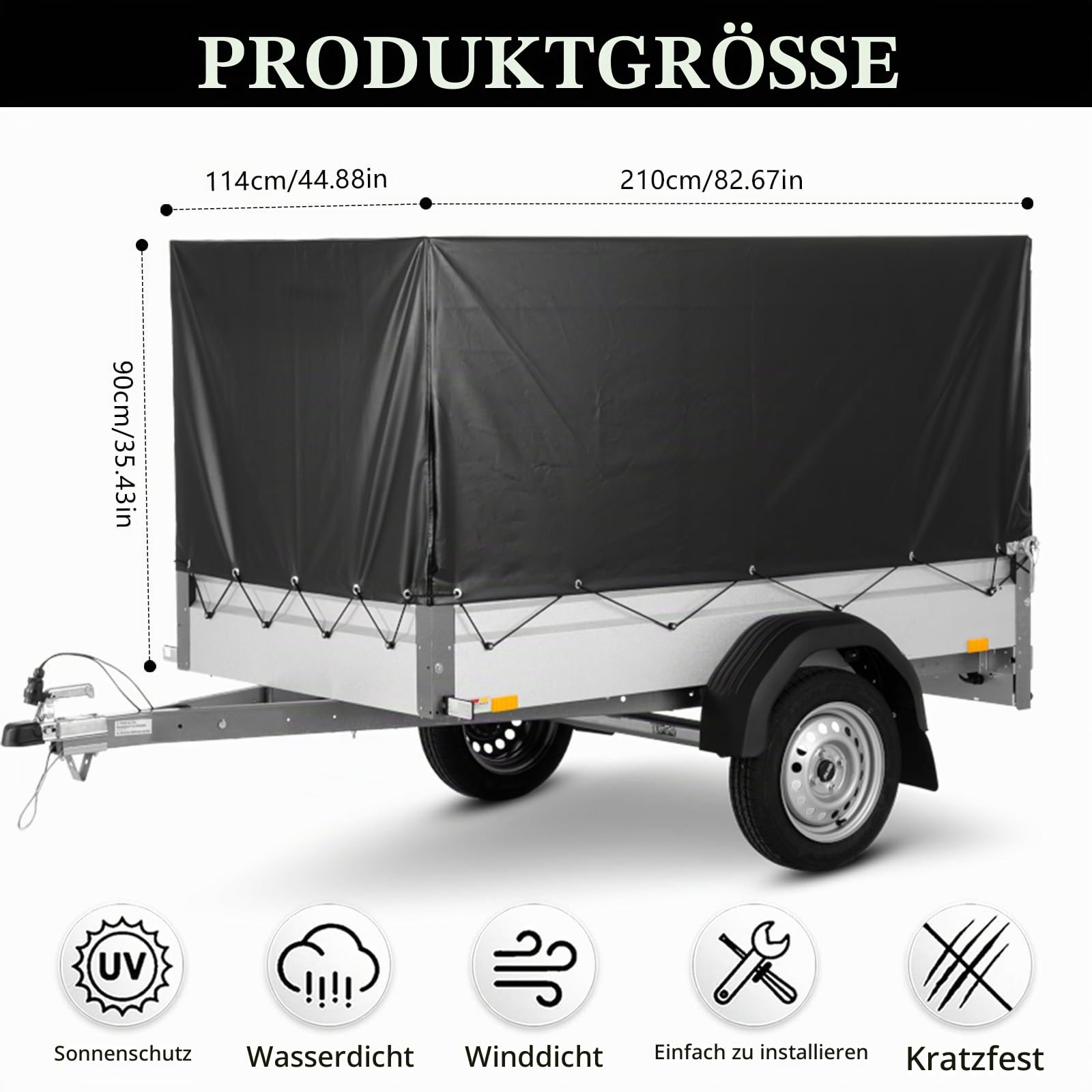 Anhängerplane 210x114x90cm, 420D PVC Material Anhänger Plane mit ösen und planenseil Reflexstreifen Verstärktes Ösen Wasserdicht Sonnenschutz Abdeckung Abdeckplane Gewebeplane für PKW Anhänger