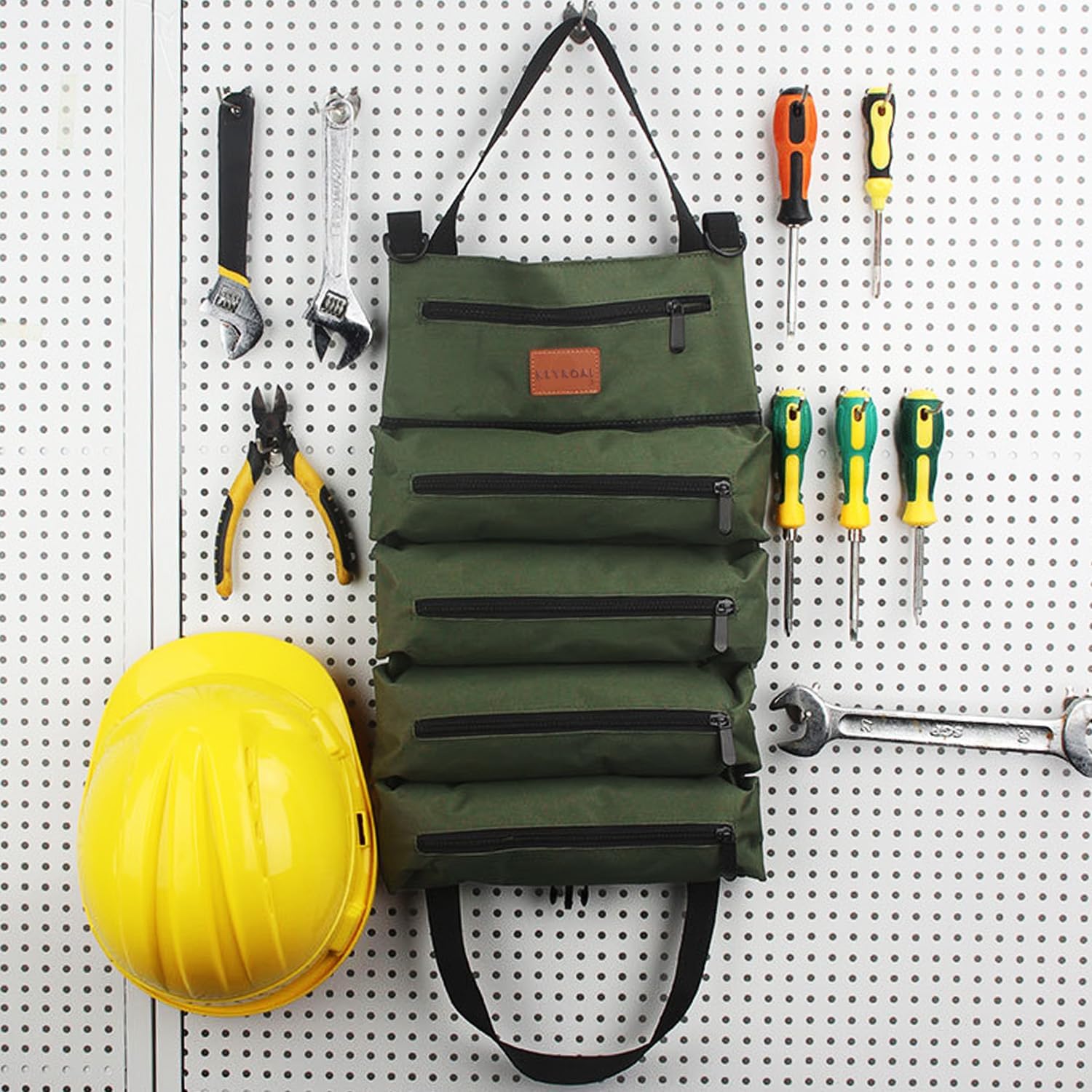 Roll Up Tool Bag, Roll Up Tool Pouch, Multi-Purpose Tool Organizer 5 Zipper Pockets,Hanging Aid Strap, Green