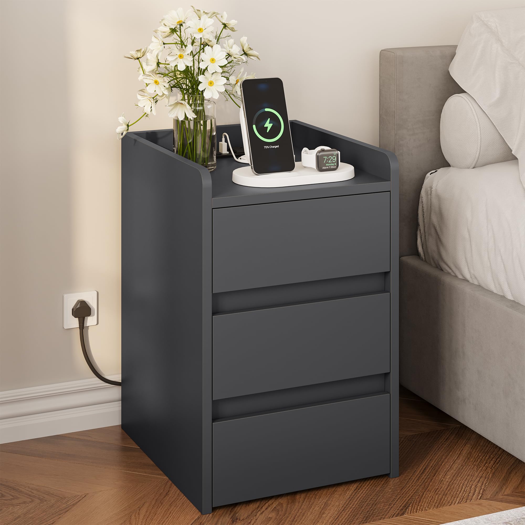 YITAHOME Bedside Table with 3 Drawers and Power Station Grey โ image 1