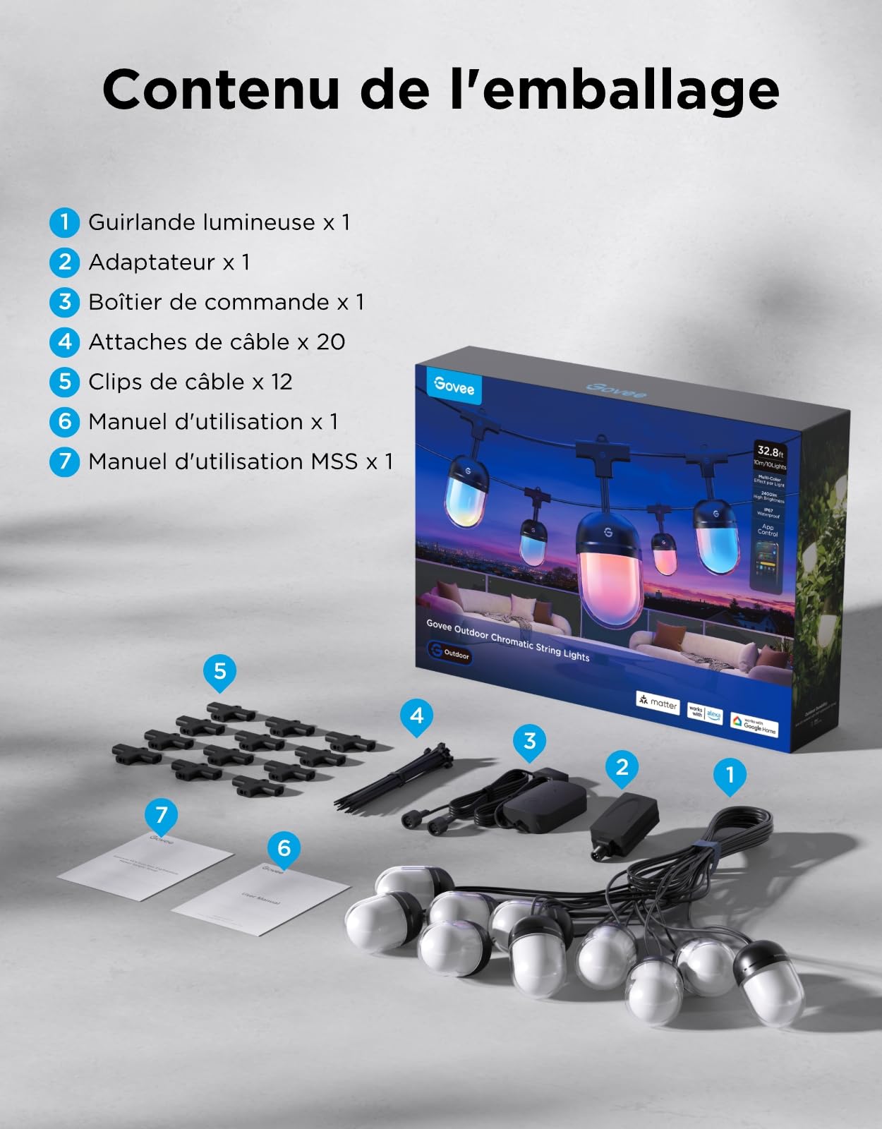 Govee Guirlande Extérieure 10M, RGBICW 240lm par LED, Contrôle App, IP67 | 16M Couleurs DIY, 111+ Modes de Scène, Synchro Musique, Matter/Alexa/Google, 30000h, Install. Facile, Jardin/Balcon/Terrasse