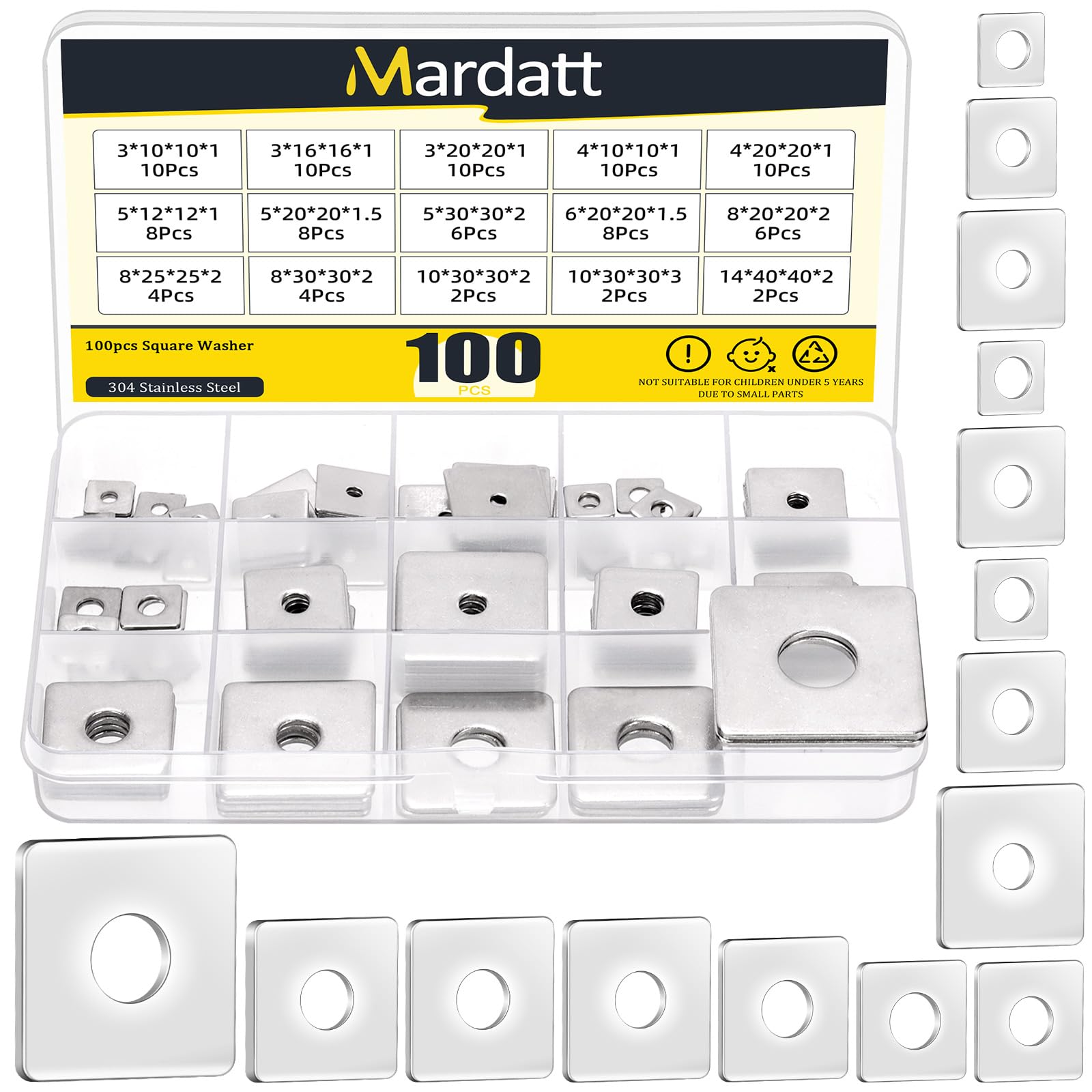 Mardatt 100Pcs 1/8” 1/6” 3/16” 1/4” 5/16” 3/8” 1/2” Square Washer Plate Kit