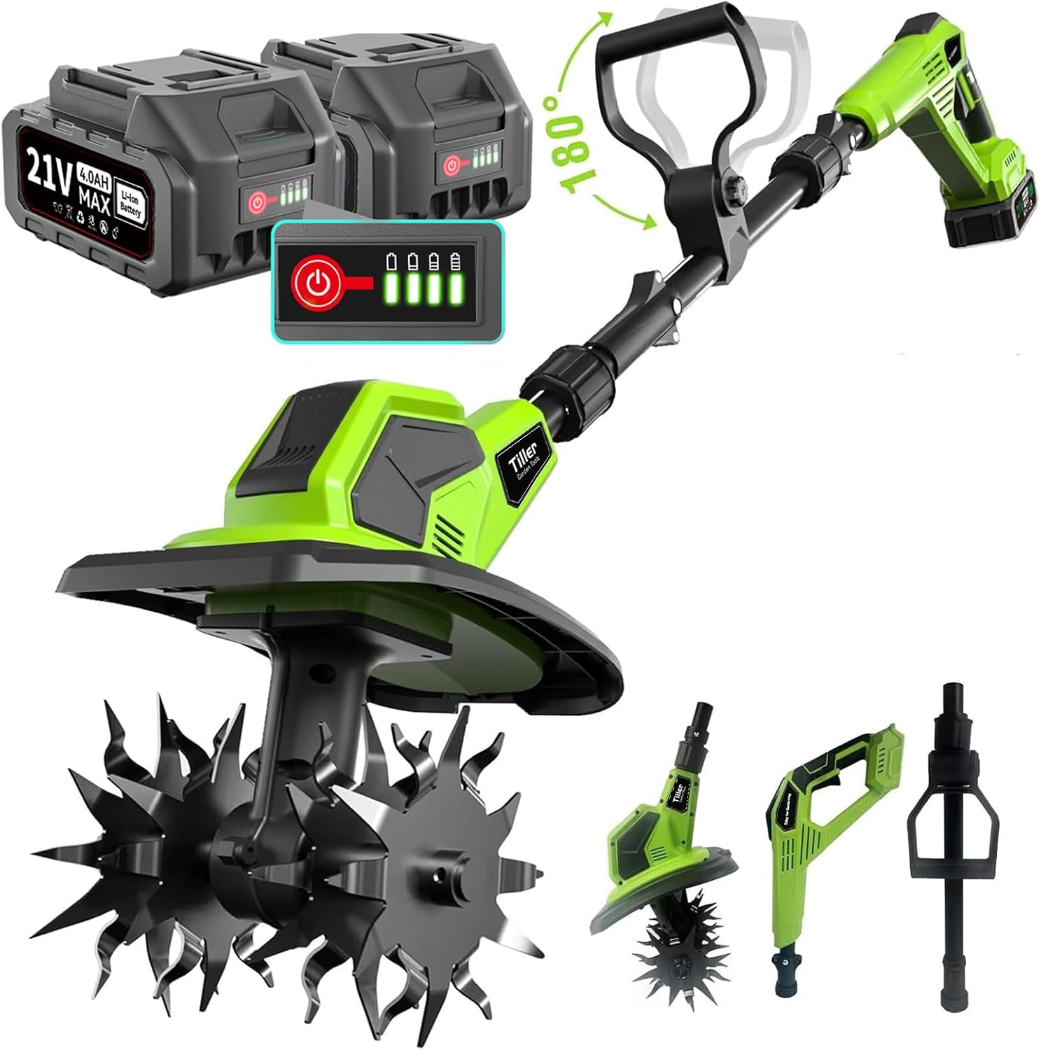 Feeoc 21V Cordless Tiller Cultivator with 8.0Ah Battery(2×4.0Ah)+Charger, 360RPM, 9" Width & 8.6" Depth SK5 Steel Blade, 3-Stage Adjustable Height, Self-Propelled for Garden, Raised Beds & Lawns