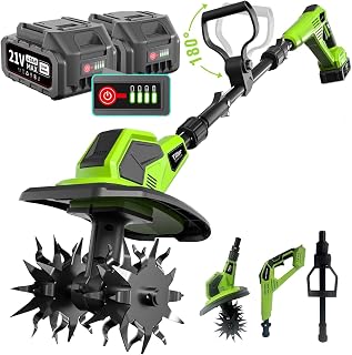 21V Cordless Tiller Cultivator with 8.0Ah Battery(2×4.0Ah)+Charger, 360RPM, 9" Width & 8.6" Depth SK5 Steel Blade, 3-Stage Adjustable Height, Self-Propelled for Garden, Raised Beds & Lawns