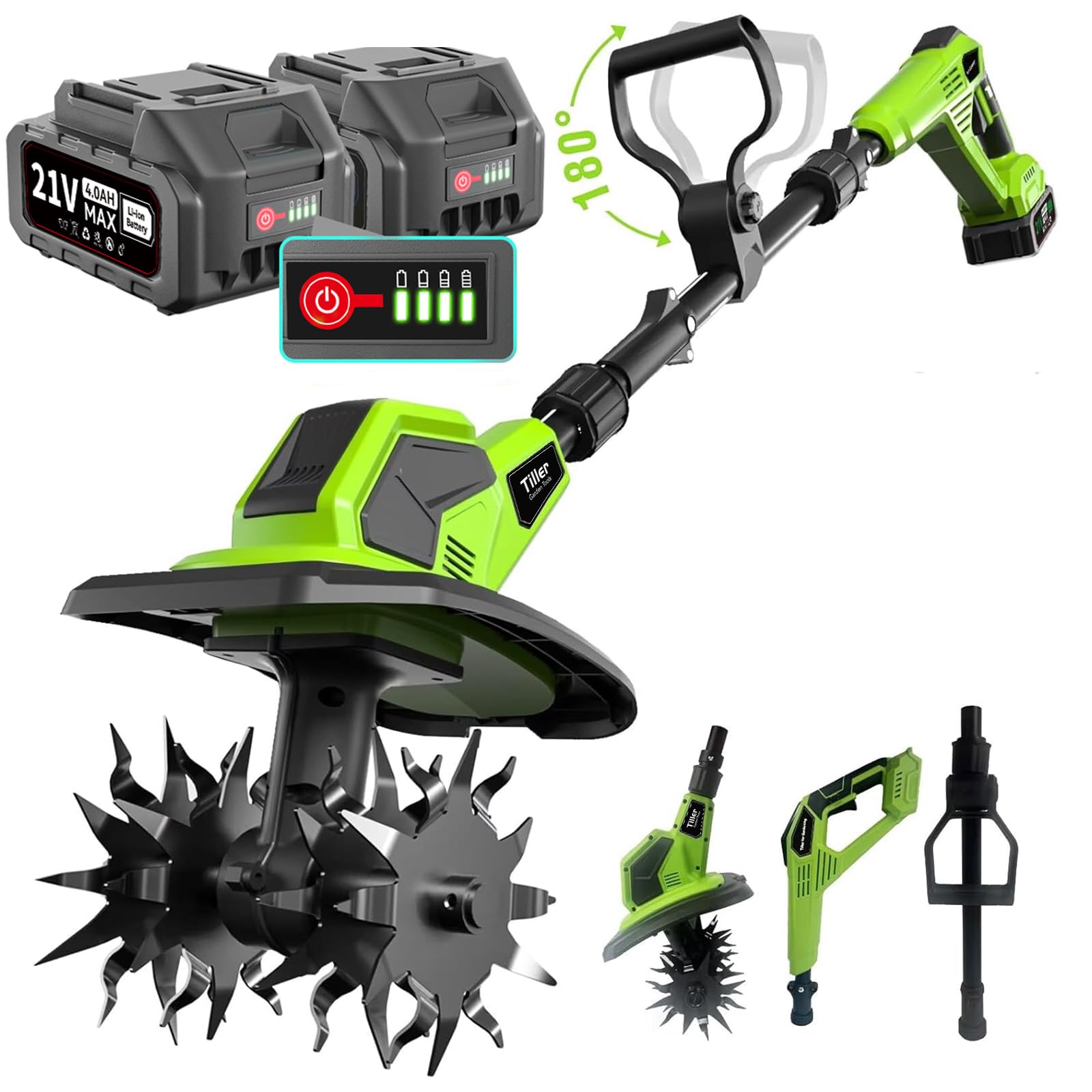 21V Cordless Tiller Cultivator with 8.0Ah Battery(2×4.0Ah)+Charger, 360RPM, 9" Width &amp; 8.6" Depth SK5 Steel Blade, 3-Stage Adjustable Height, Self-Propelled for Garden, Raised Beds &amp; Lawns