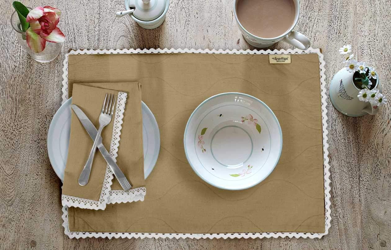 Beige Solid Home Decor Everyday Washable Lace Placemats with Napkins Dining Table Decor-Pack of 8