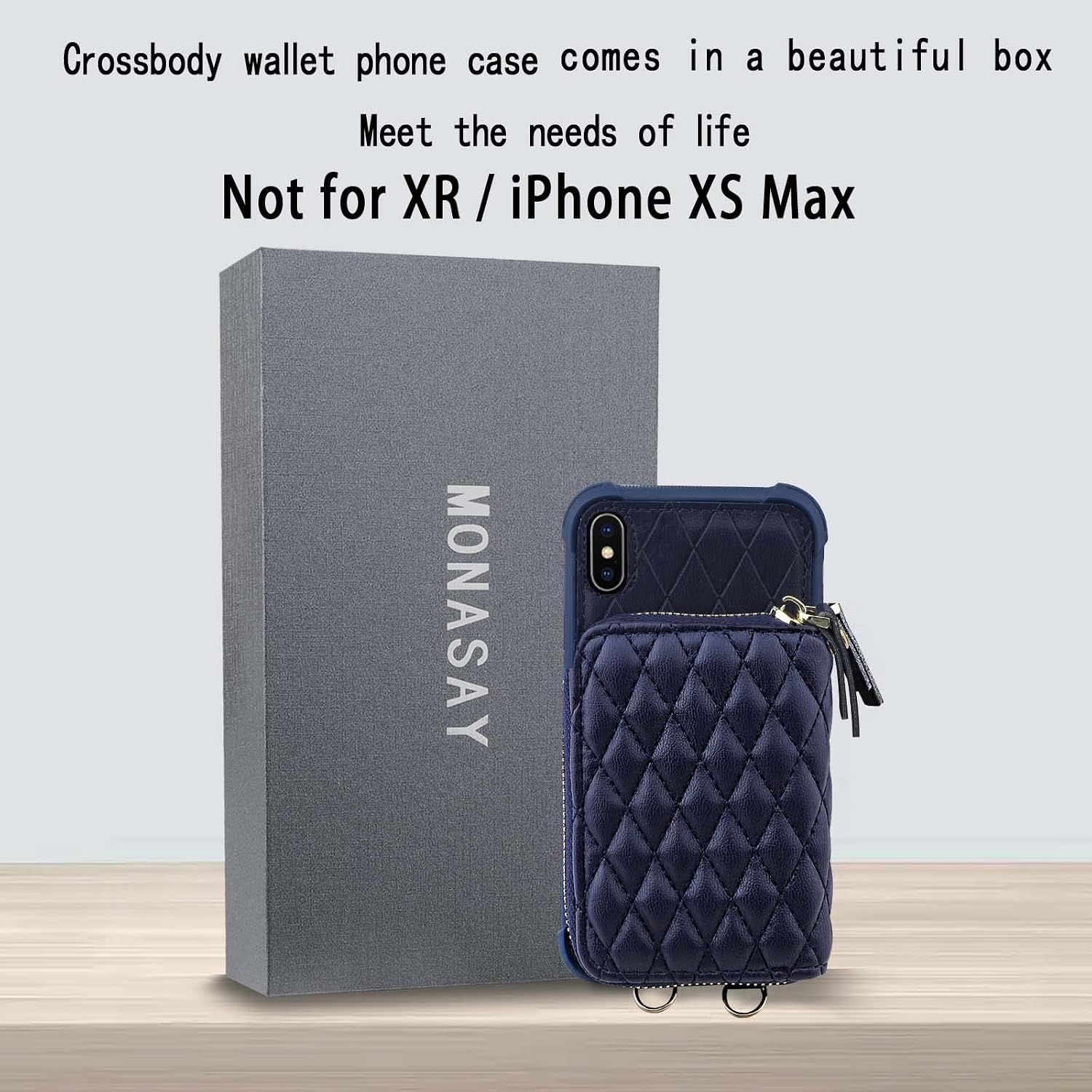 MONASAY Zipper Wallet Case Fit for iPhone X/XS,[Glass Screen Protector ][RFID Blocking] Flip Leather Handbag Phone Cover with Card Holder and Detachable Crossbody Shoulder Lanyard Strap, Dark Blue