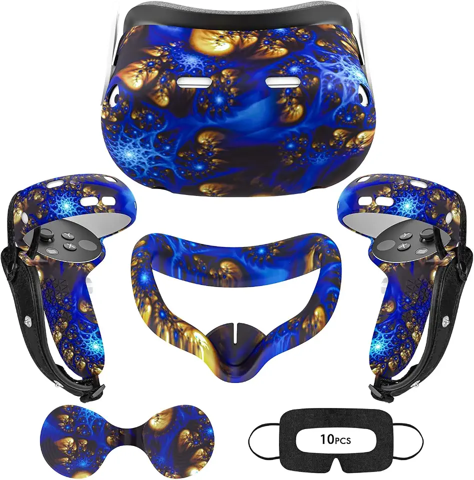 Conjunto de acessórios para Meta Quest 2, inclui capa facial de silicone, capa de controle, capa VR, capa de lente e 10 peças de capa descartável para olhos (fogo azul)