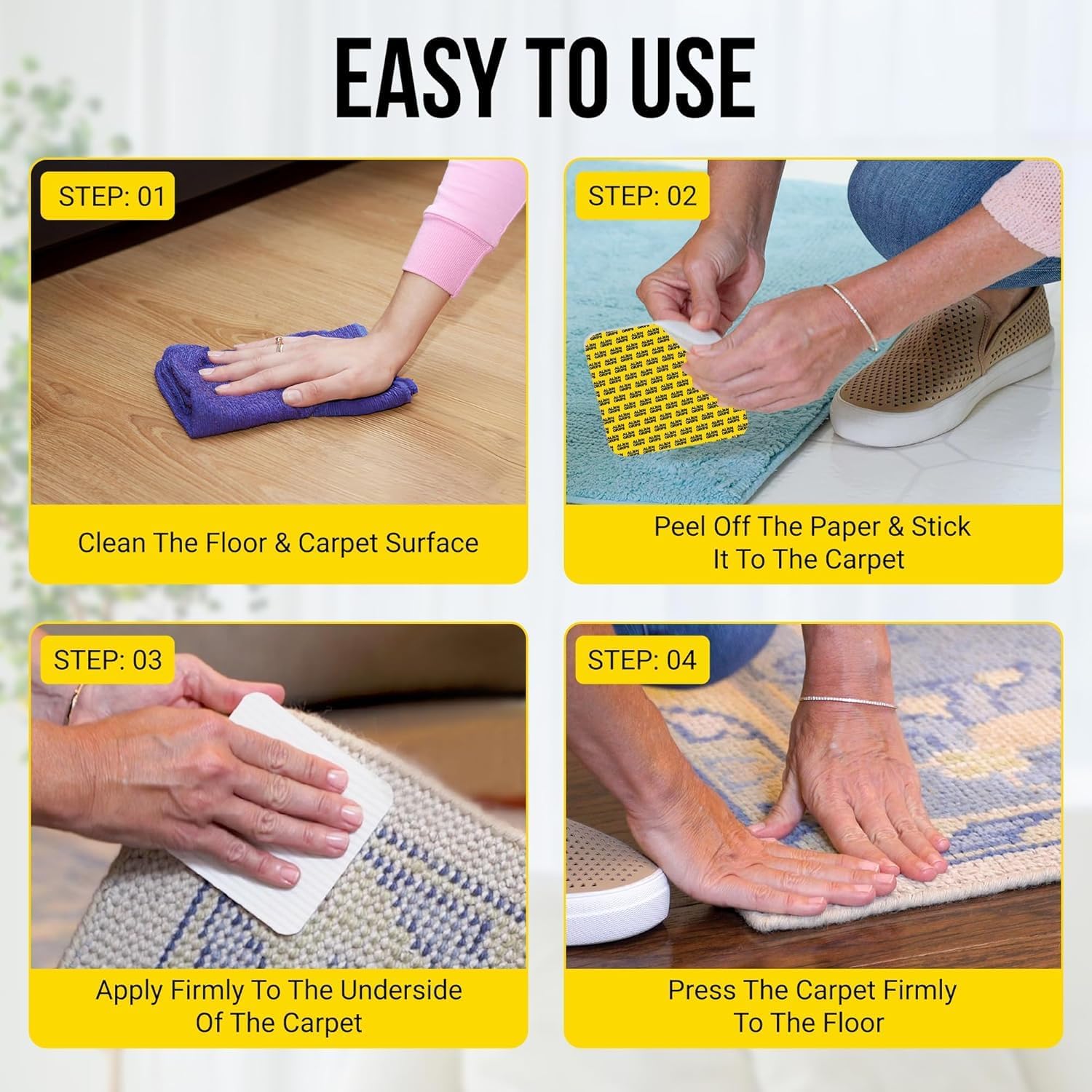 Alien Grip Rug Gripper Carpet Tape - 36pcs, 4x4 in. Anti-Slip Hardwood, Tile Floor, No Damage - Double Sided Reusable, Non Slip Corner Rug Pads - As Seen on TV