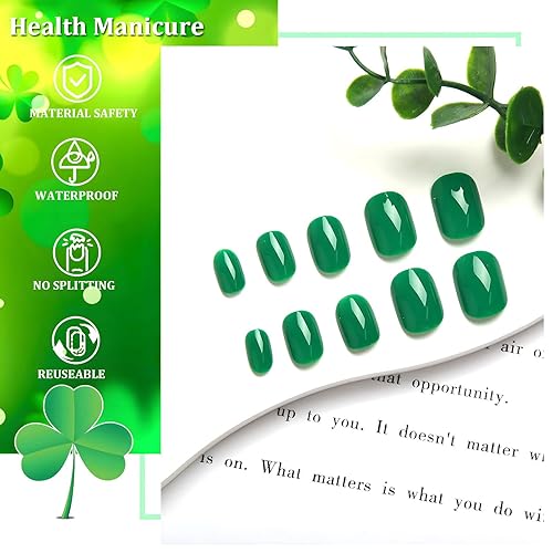 Miniatura 6 de Uñas postizas cortas cuadradas para el día de San Patricio, uñas postizas verdes brillantes, uñas acrílicas de cobertura completa, uñas adhesivas