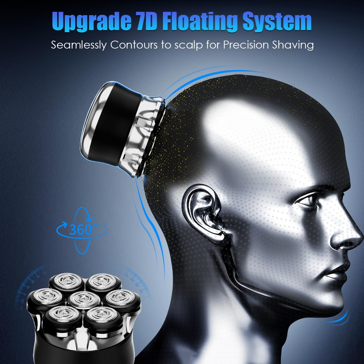 Afeitadora de cabeza calva para hombre, maquinilla de afeitar eléctrica giratoria 7D con cabeza magnética desmontable, afeitado de cierre suave, pantalla LED, IPX7 impermeable, carga rápida USB-C