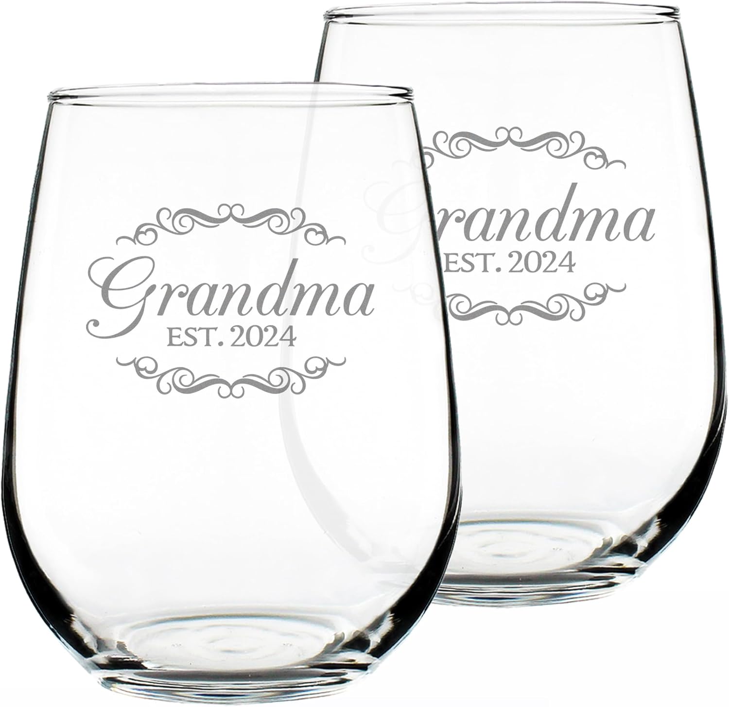 Bevvee Grandma Est 2024 - New Grandmother Stemless Wine Glass Gift for First Time Grandparents - Set of 2 - Decorative 17 Oz Large Glasses