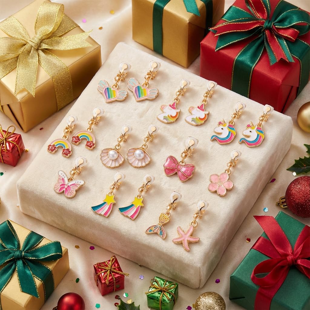 12 Pairs Kids Clip-on Earrings - Cute Unicorn Designs, Non-Pierced Dress Up Alloy Jewelry for 4-12 Year Old Girls Birthday Christmas Valentine's Day Holiday Gifts,Party favors Kids Toys - Image 5