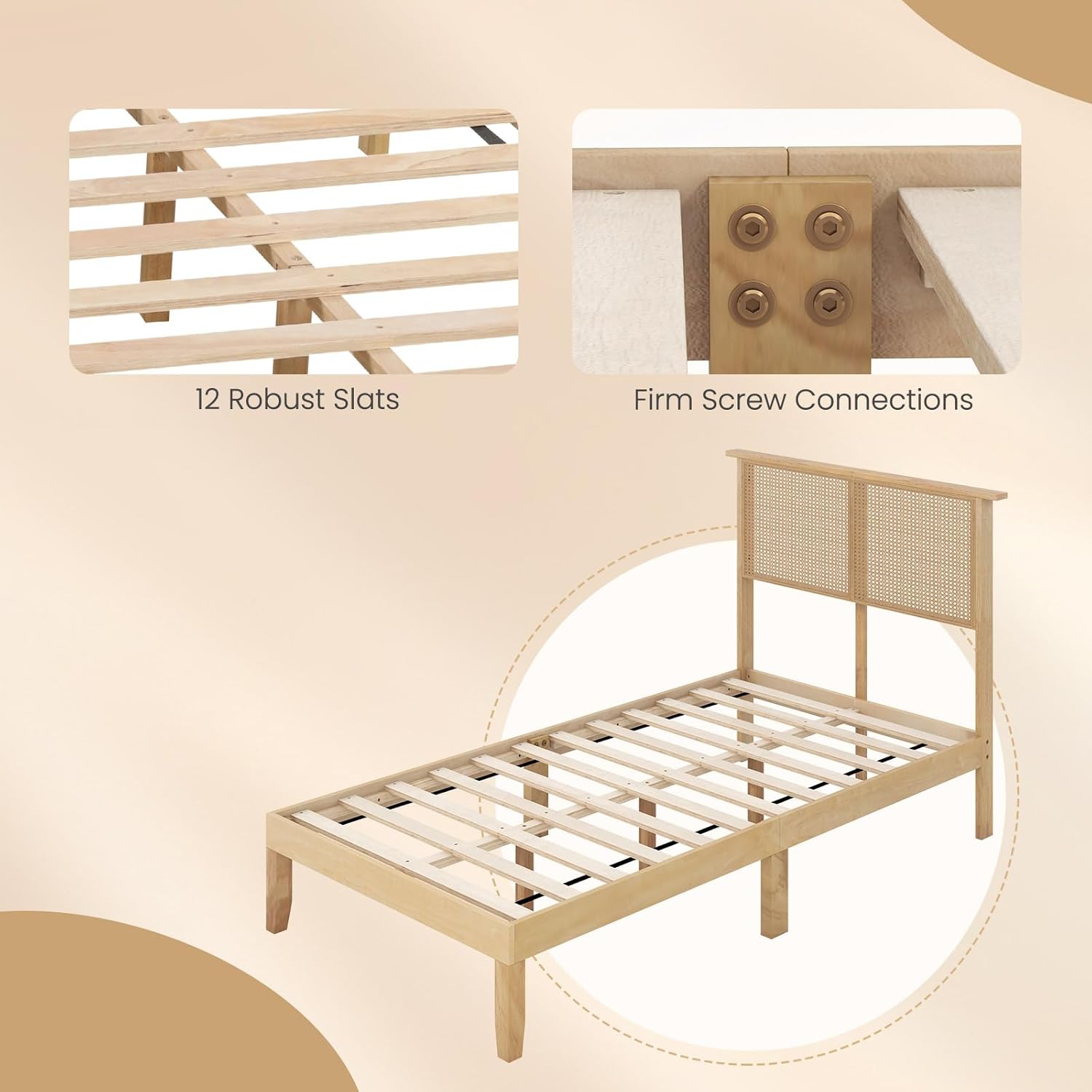 Giantex Rattan Twin Bed Frame with Headboard, Boho Solid Wood Platform Bed with Wooden Foundation & Slats, Underneath Storage Space, Twin Bed Frames for Kids Adults, No Box Spring Needed, Natural