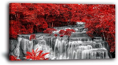 Yxbhhym Arte de pared en lienzo de cascada en color negro, blanco y rojo, impresiones de árboles rojos, cuadros de paisaje, cuadro enmarcado,
