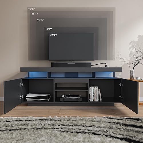 Miniatura 6 de HOMMPA Soporte de TV LED con tomas de corriente para TV de hasta 70 pulgadas, centro de entretenimiento moderno con almacenamiento, consolas de TV