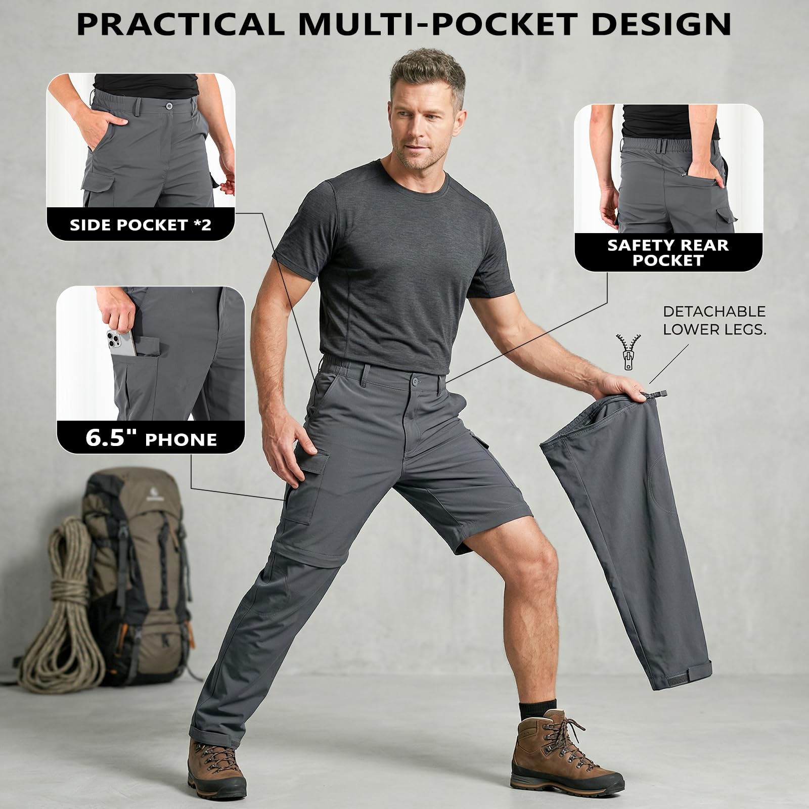 Uomini Pantaloni da Escursione Pantaloni da Camminare Stretch a Secco rapido Convertibili in Pantaloni Corti Pantaloni Leggeri da carico