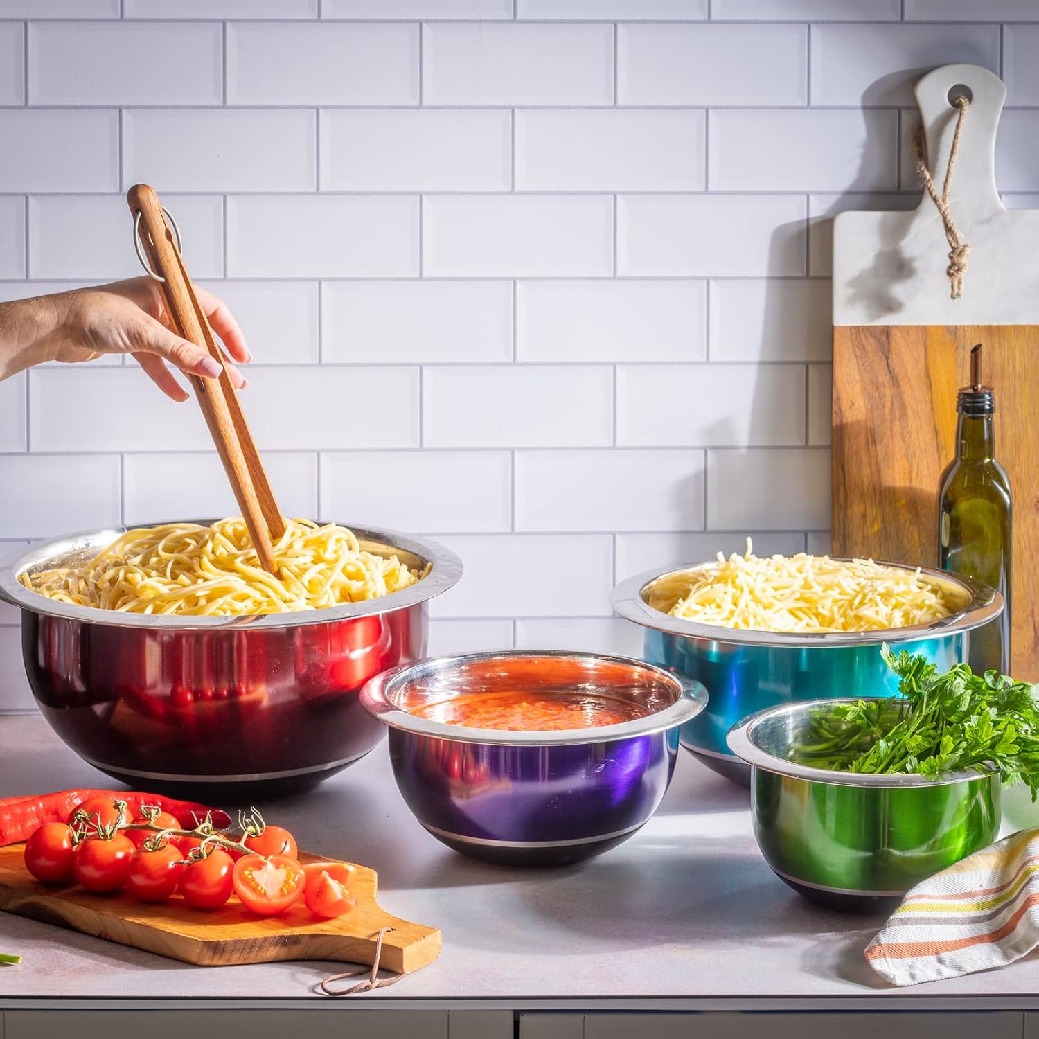 Colorful Mixing Bowl- 4 Pc Set- Stackable Nesting Bowls- Stainless Steel Mixing Bowls Non Slip Silicone Bottom- Cookware Set