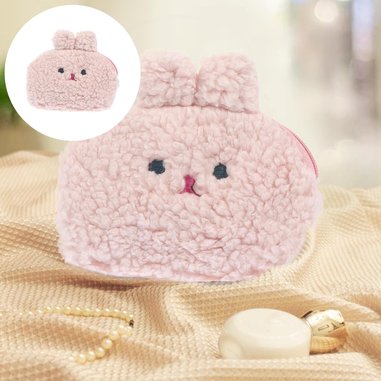 Mikikit Adorable Rabbit Coin Purse Cotton Mini Lipstick Bag Cartoon Rabbit Money Pouch Portable Change Wallet with Soft Plush Pink Design