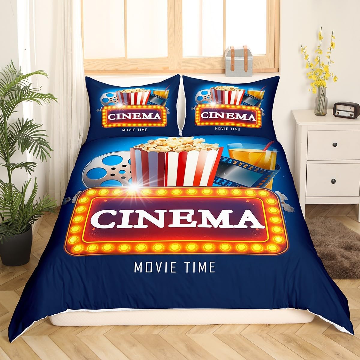 Castle Fairy Movie Theme Bedding Set,Vintage Cinema Ticket Duvet Cover for Kids Teens Boys Girls,Theater Comforter Cover Decorative Room,Popcorn Quilt Cover with 2 Pillowcases,King Size(No Comforter)