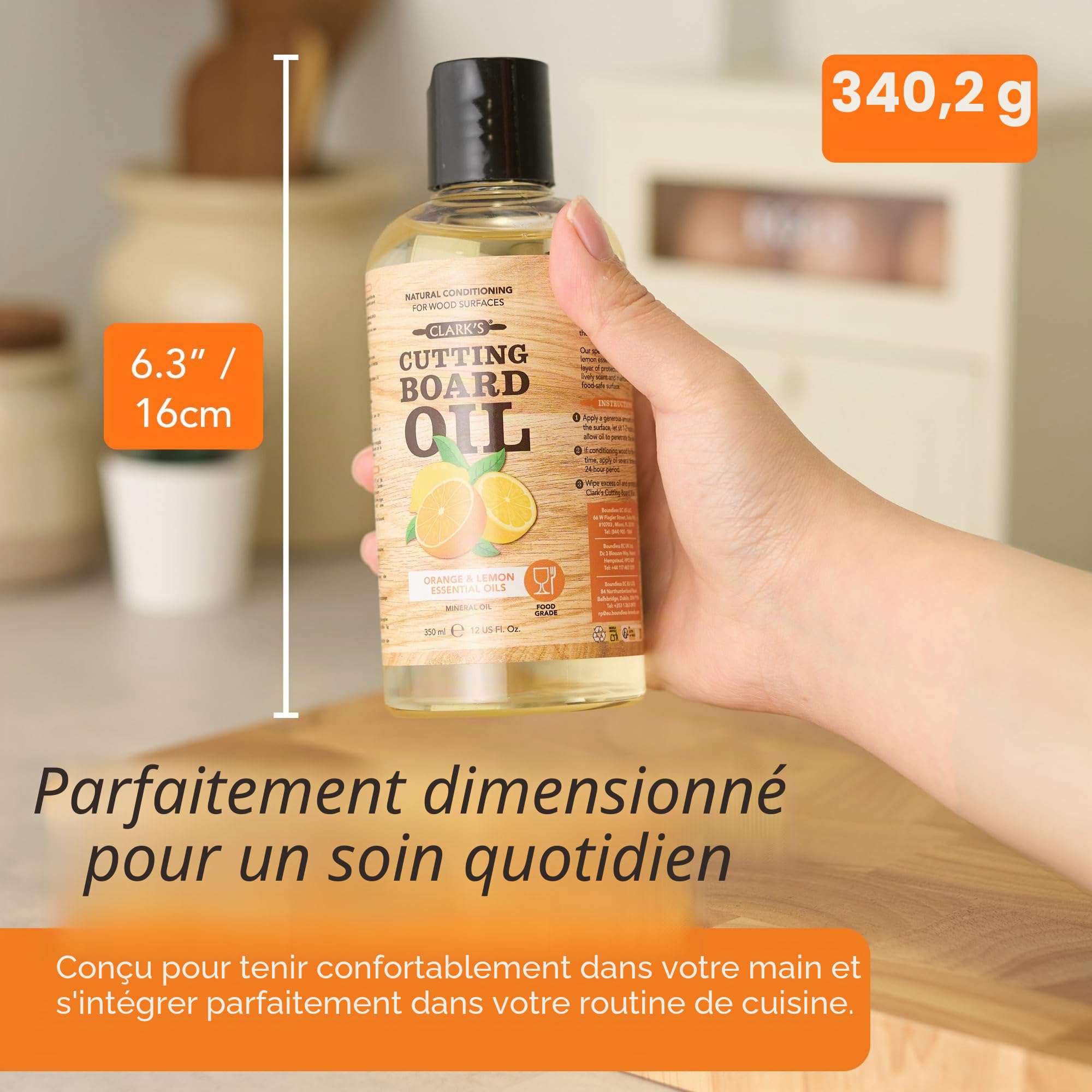 CLARK'S Huile de planche à découper – Huile minérale de qualité alimentaire pour planches à découper et blocs de boucher – Huile de planche à découper aux extraits d'orange et de citron – L'huile