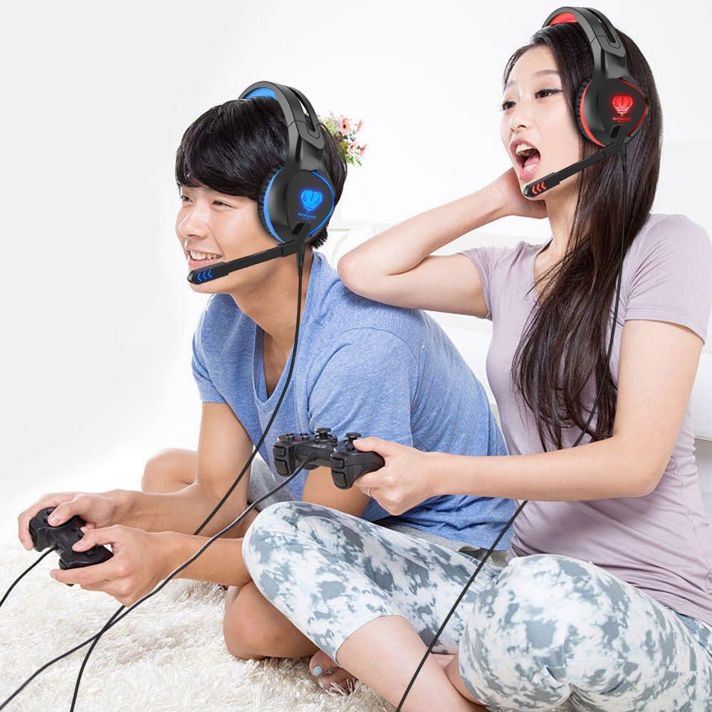 Gaming Headset for Xbox One PS4 PlayStation 4 Nintendo Switch PC Smartphone, 3.5mm Stereo Gaming Sound Over-Ear Headphones Noise Cancelling with Mic and LED Light, Blue