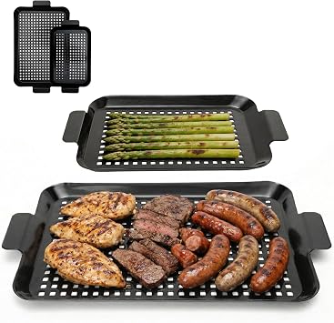 Grill Pan Set for Outdoor BBQ - 2PCS Non-Stick Enamel Grill Topper with Holes, Dishwasher Safe, Charcoal & Gas Grill Compatible Large 14.4"x9.8" + Small 11"x7"