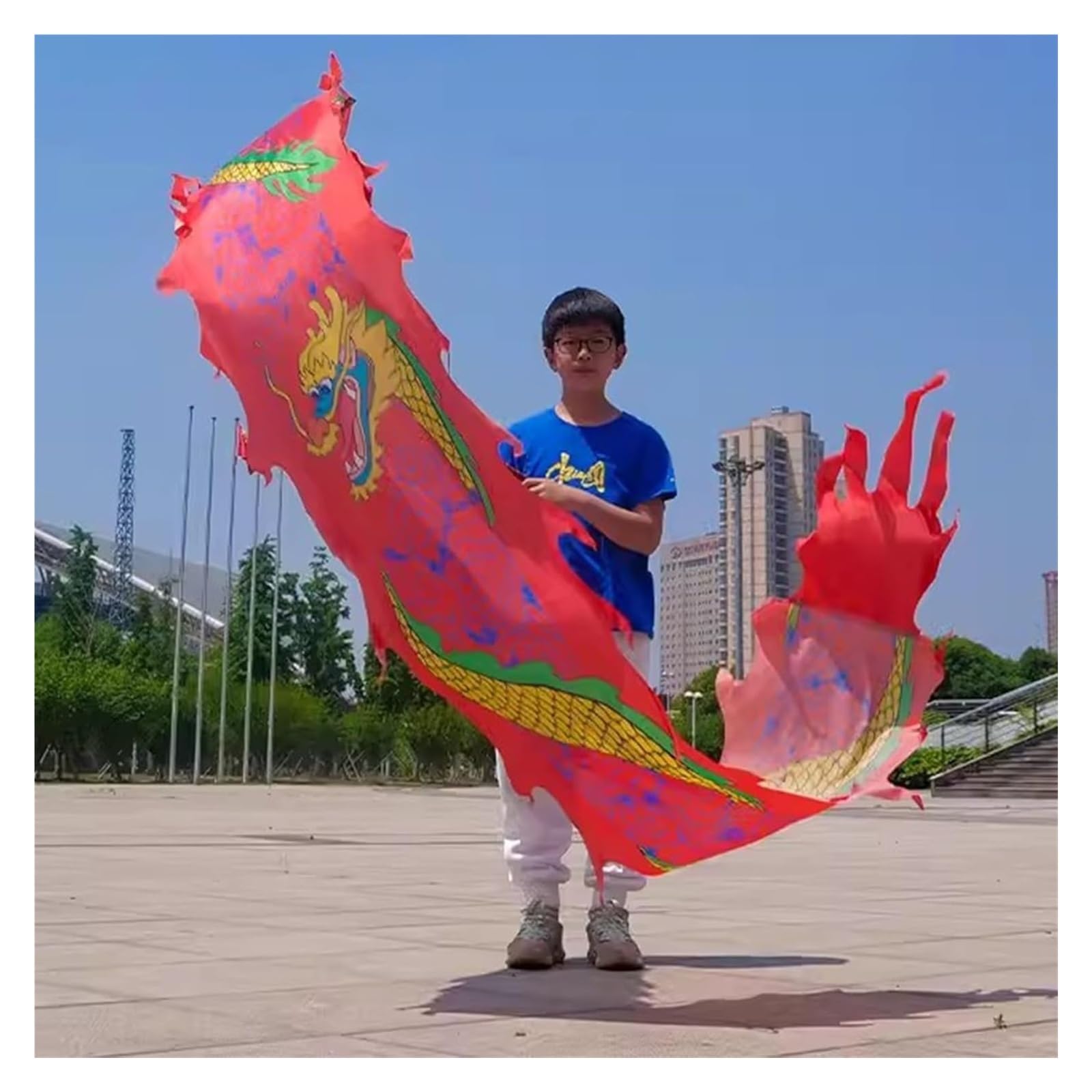 Dragon Poi，Dragon Ribbon， Body Exercise Shake Flag Kite with Dragon Head Props, Ribbon Scale(Red,5 m(16.4ft))