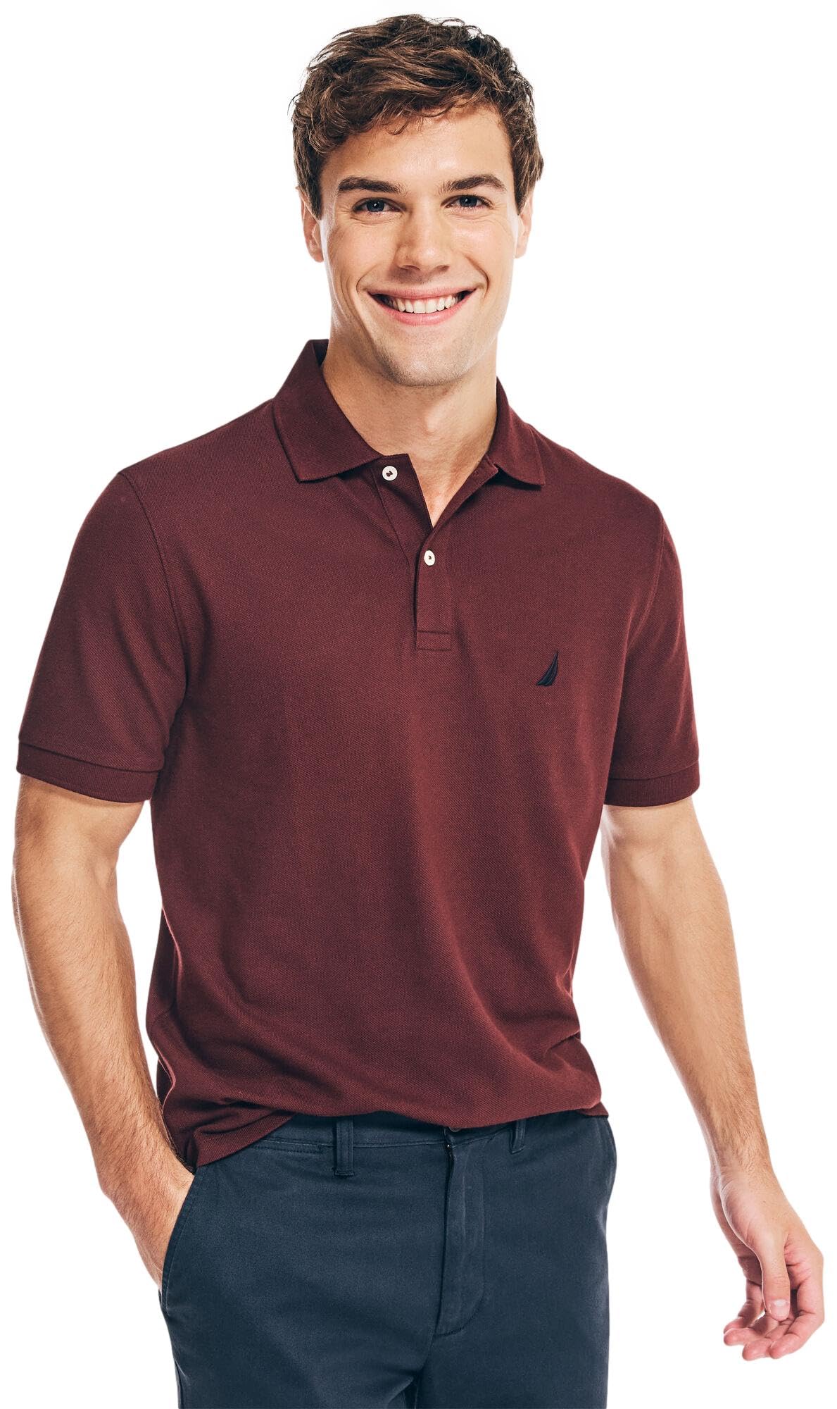 Nautica Men's Burgundy Red Classic Short Sleeve Solid Performance Deck Polo Shirt, Medium
