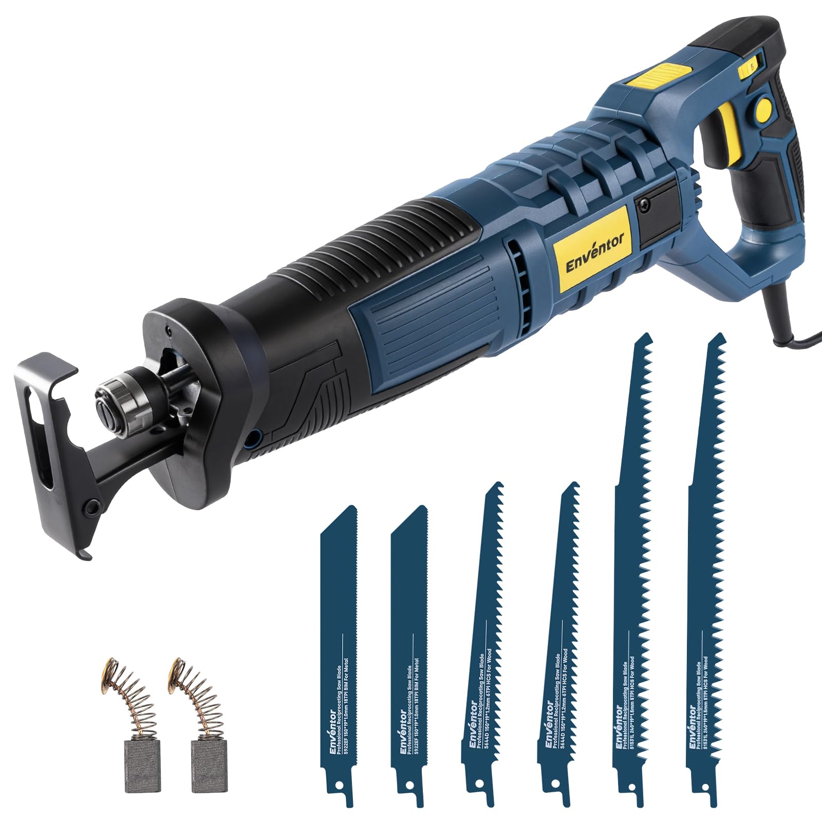 Enventor Sierra Sable con Cable, 850W, Sierra de Sable, 6 hojas, 2800SPM, velocidad variable, carrera de 28mm, cambio de hoja sin herramientas, 180° mango giratorio, para cortar madera, PVC y metal
