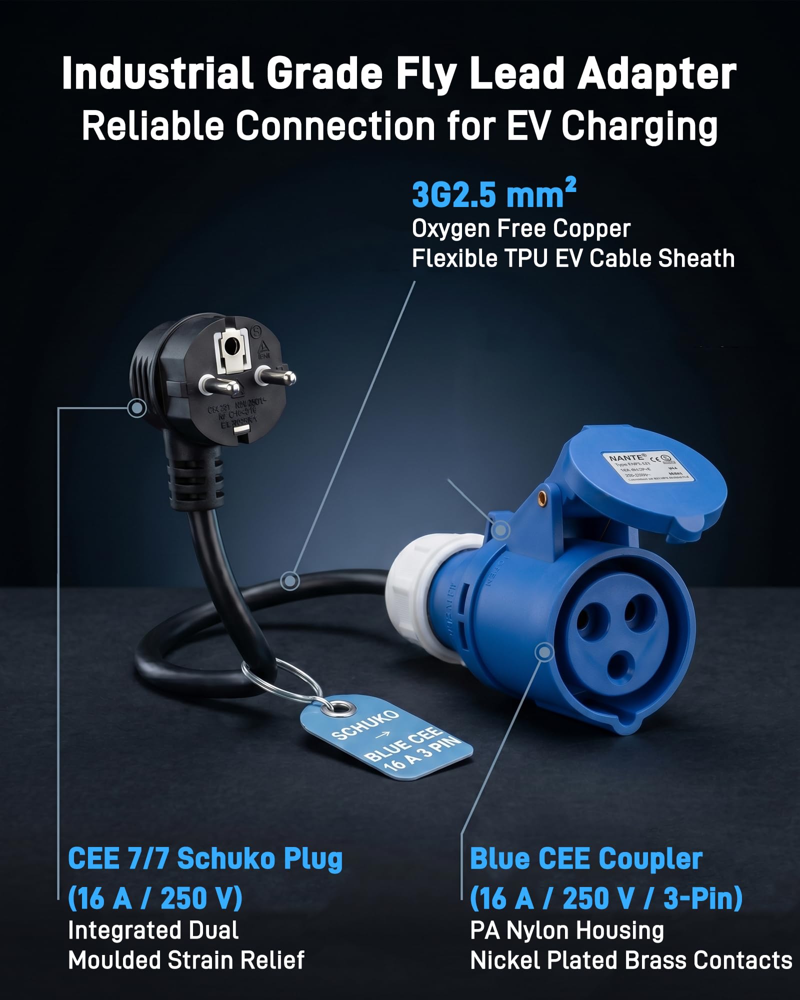 Adaptateur CEE (Fiche Schuko Mâle vers Prise Femelle CEE P17 Bleue 16 A, 3 Pôles) | Câble Adaptateur 3G2,5 mm², 0,5 m / 230 V/Max. 16 A | pour Chargeur VE Réglable, Camping et Caravane