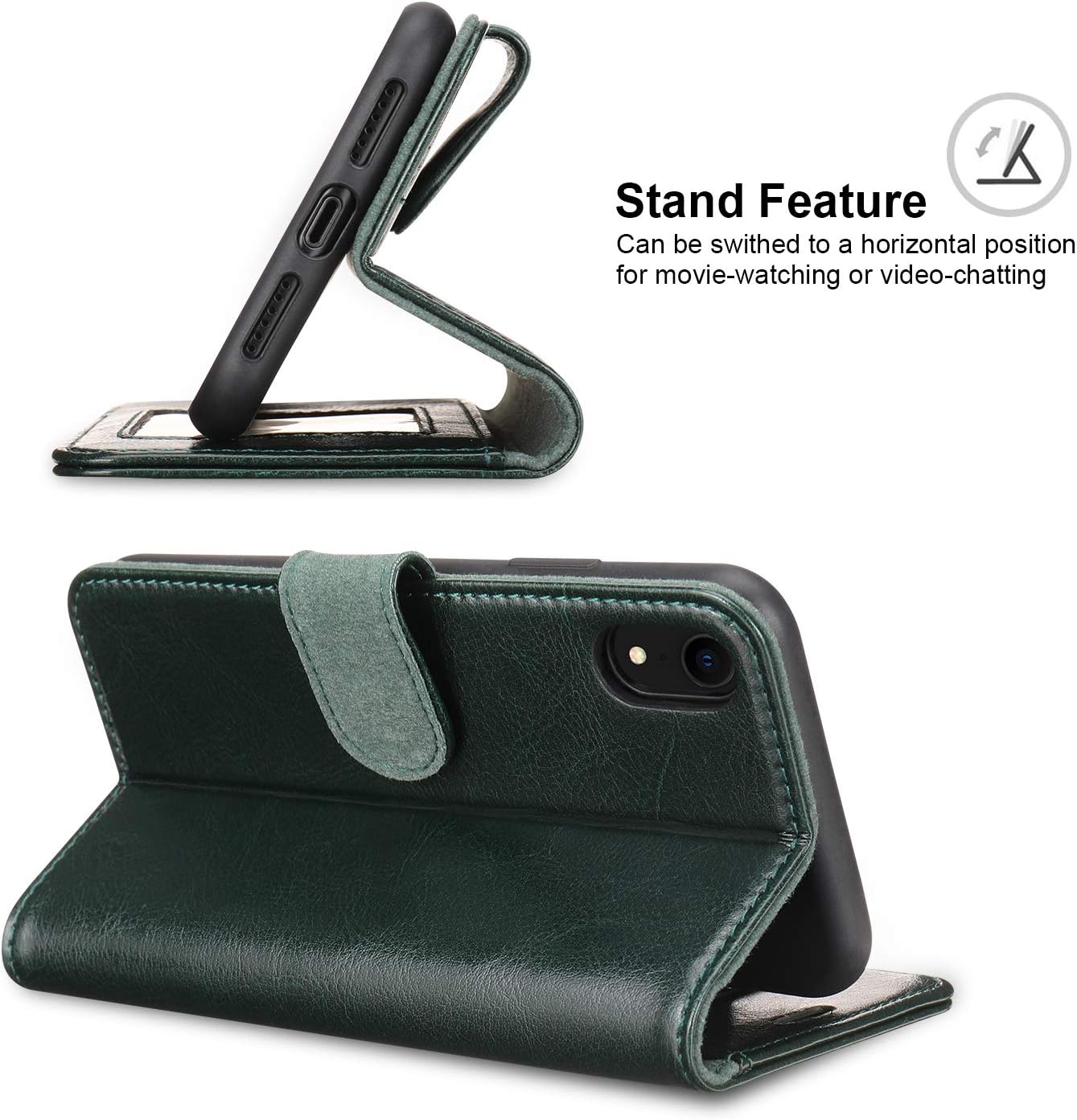 JISONCASE iPhone XR Wallet Case, Leather iPhone Xr Cases with Credit Card Holder Slot Magnetic Closure Shockproof Protective Flip Case for Apple iPhone XR 6.1'' Blackish Green