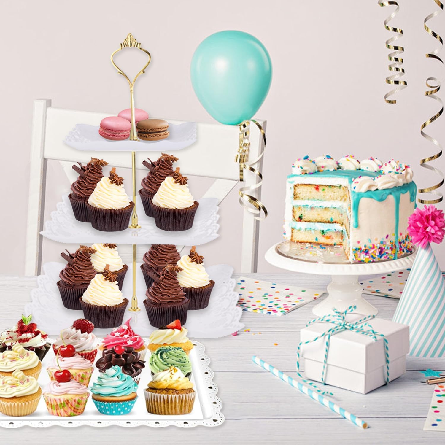 6 Pieces Cupcake Stand Set with 2 x 3 Tier Cupcake Stands, 3 x Appetizer Trays, 1x Tongs, Dessert Table Display Set for Wedding Birthday Baby Shower Tea Party (Square)