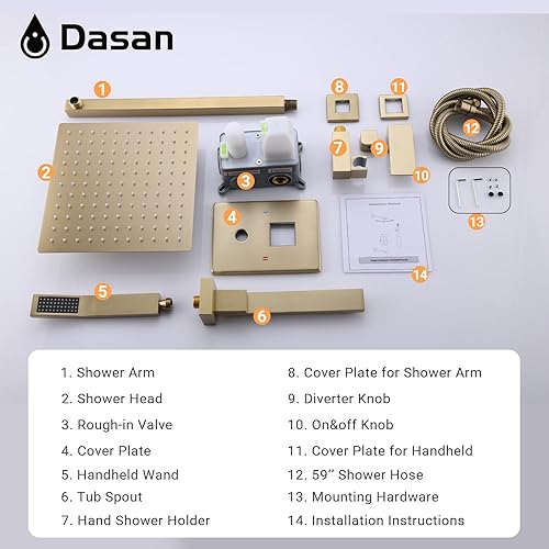 Miniatura 7 de DASAN DA-SS03BG-S10W - Juego completo de grifos de ducha de bañera de oro cepillado con boquilla de bañera, juego de grifos de bañera y ducha, kit