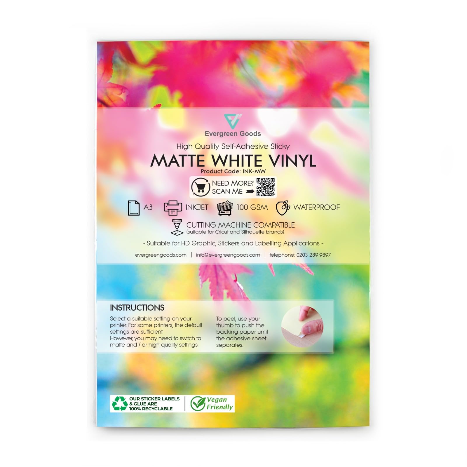 Evergreen Goods - Carta adesiva in vinile bianco opaco, formato A3 (420 x 297 mm), compatibile con stampanti a getto d'inchiostro e laser, impermeabile, autoadesiva, per adesivi ed etichette (50